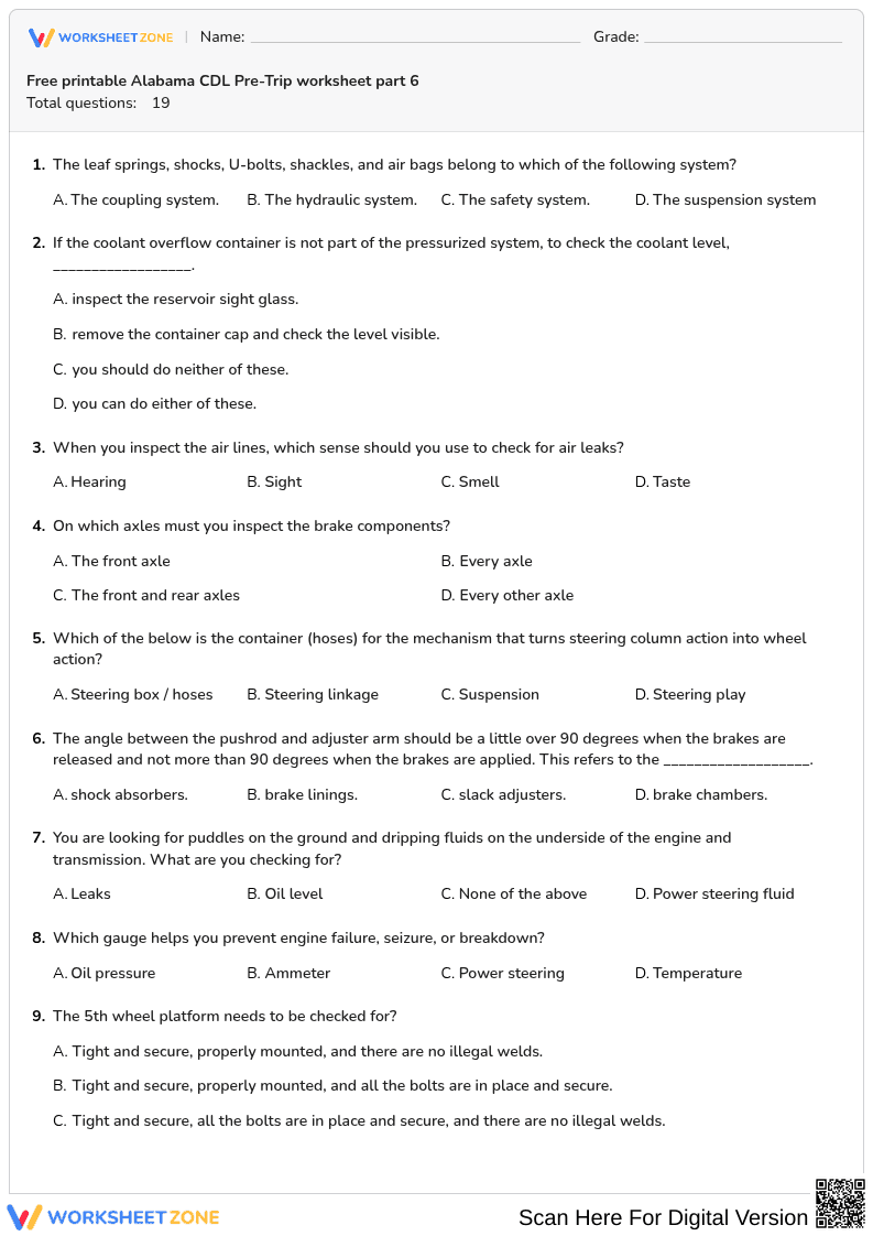 Free printable Alabama CDL Pre-Trip worksheet part 6 - Page 1