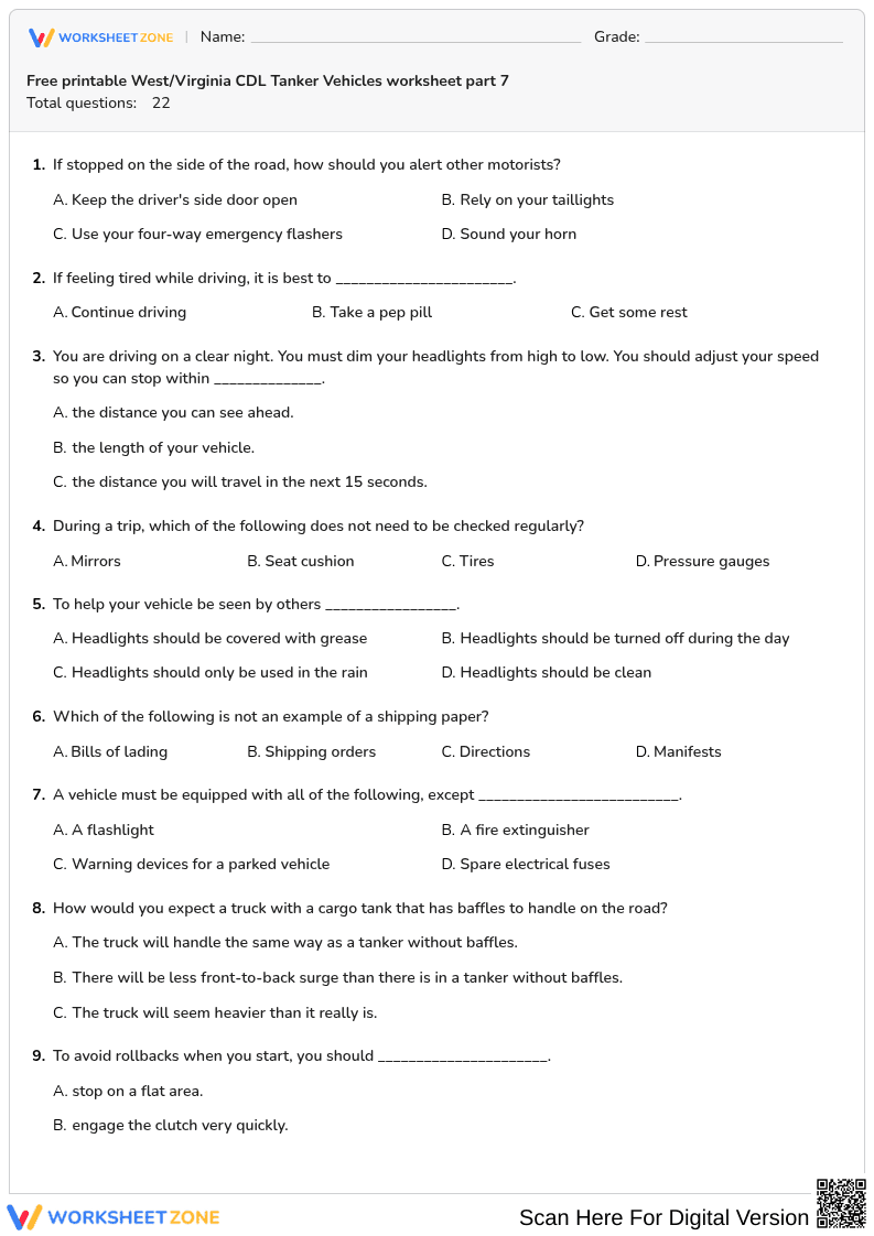 Free printable West/Virginia CDL Tanker Vehicles worksheet part 7 - Page 1