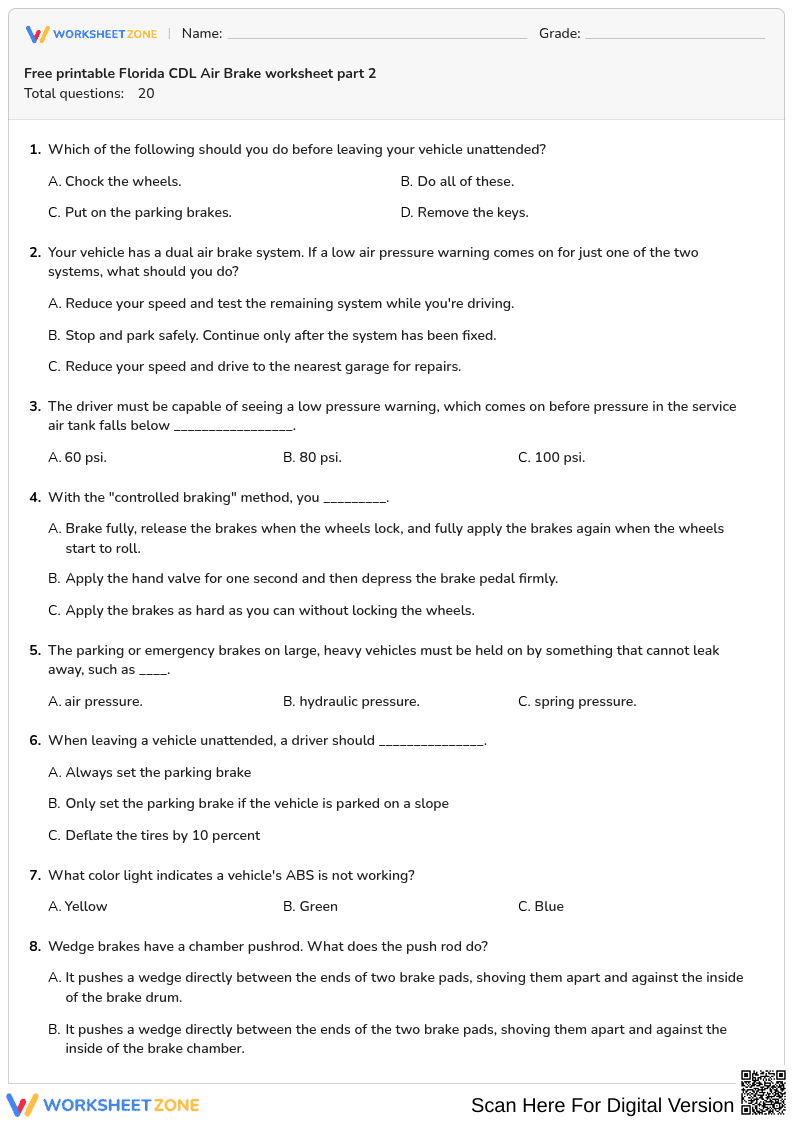 Free printable Florida CDL Air Brake worksheet part 2 - Page 1
