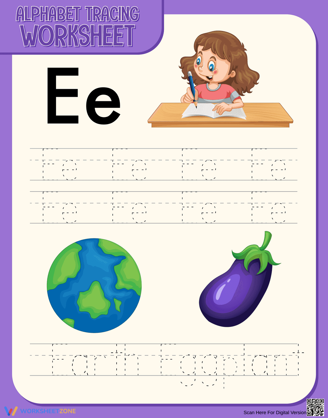 Letter E Tracing Worksheet | Printable Kindergarten ELA - Page 1