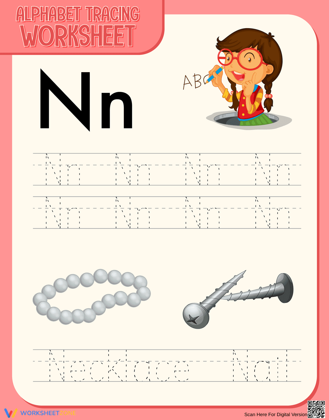 Letter N Tracing Worksheet | Printable Kindergarten ELA - Page 1