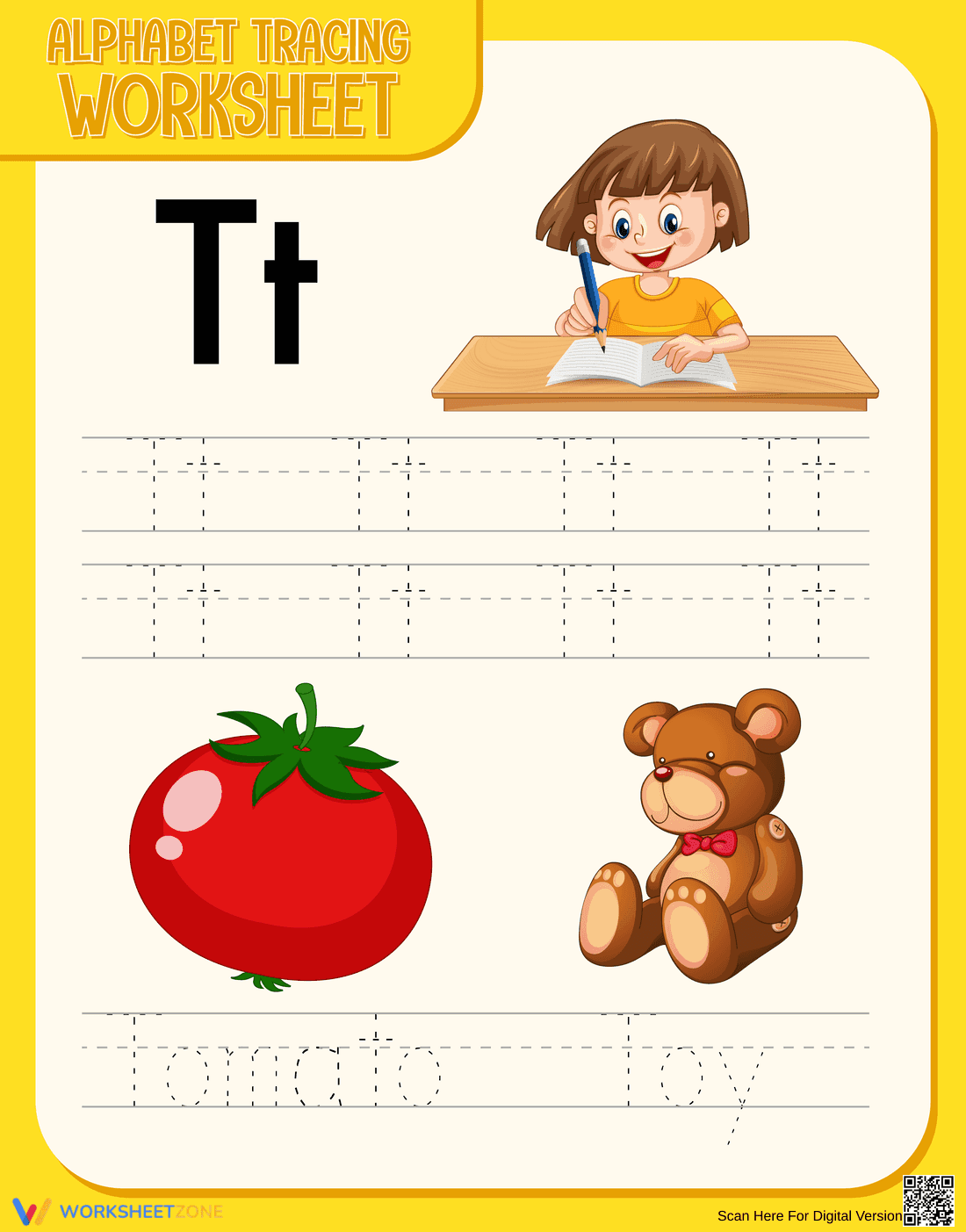 Letter T Tracing Worksheet | Essential Grade K Alphabet - Page 1