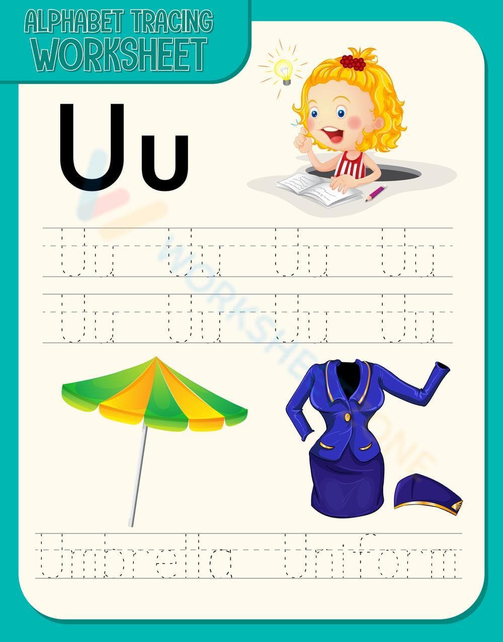 Grade K Letter U Tracing — Printable No-Prep Worksheet - Page 1