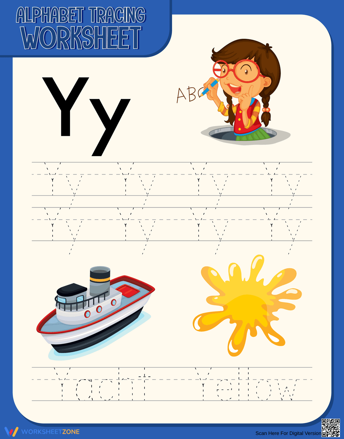 Printable Letter Y Tracing Worksheet | Kindergarten ELA - Page 1