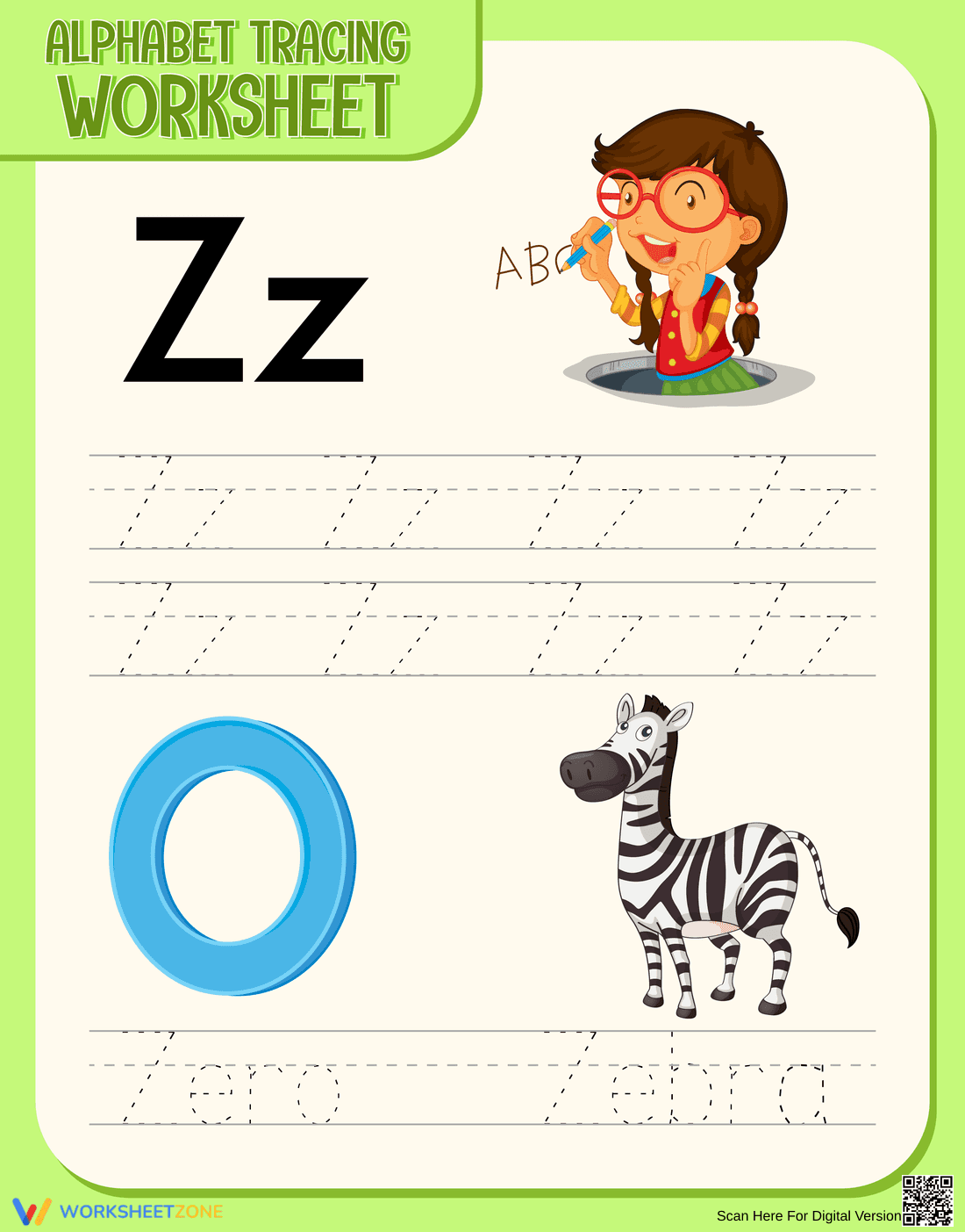 Letter Z Tracing Worksheet | Printable Kindergarten ELA - Page 1