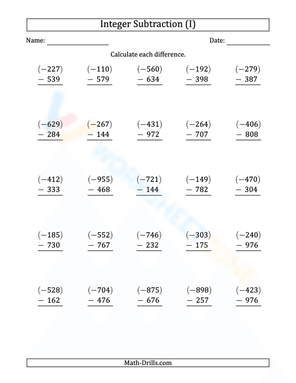 Negative from Positive Subtraction Skills - Page 1