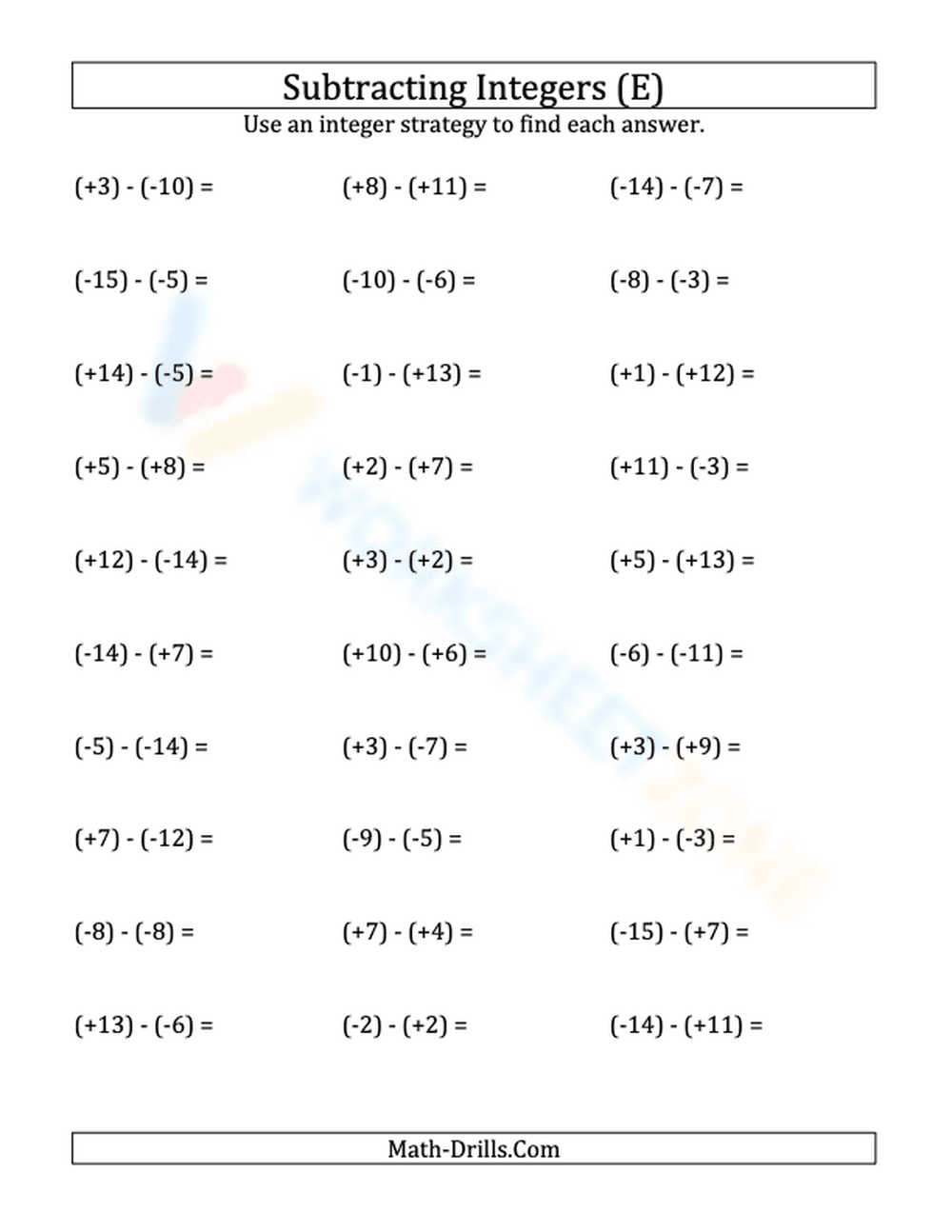 Integer Subtraction Practice - Page 1