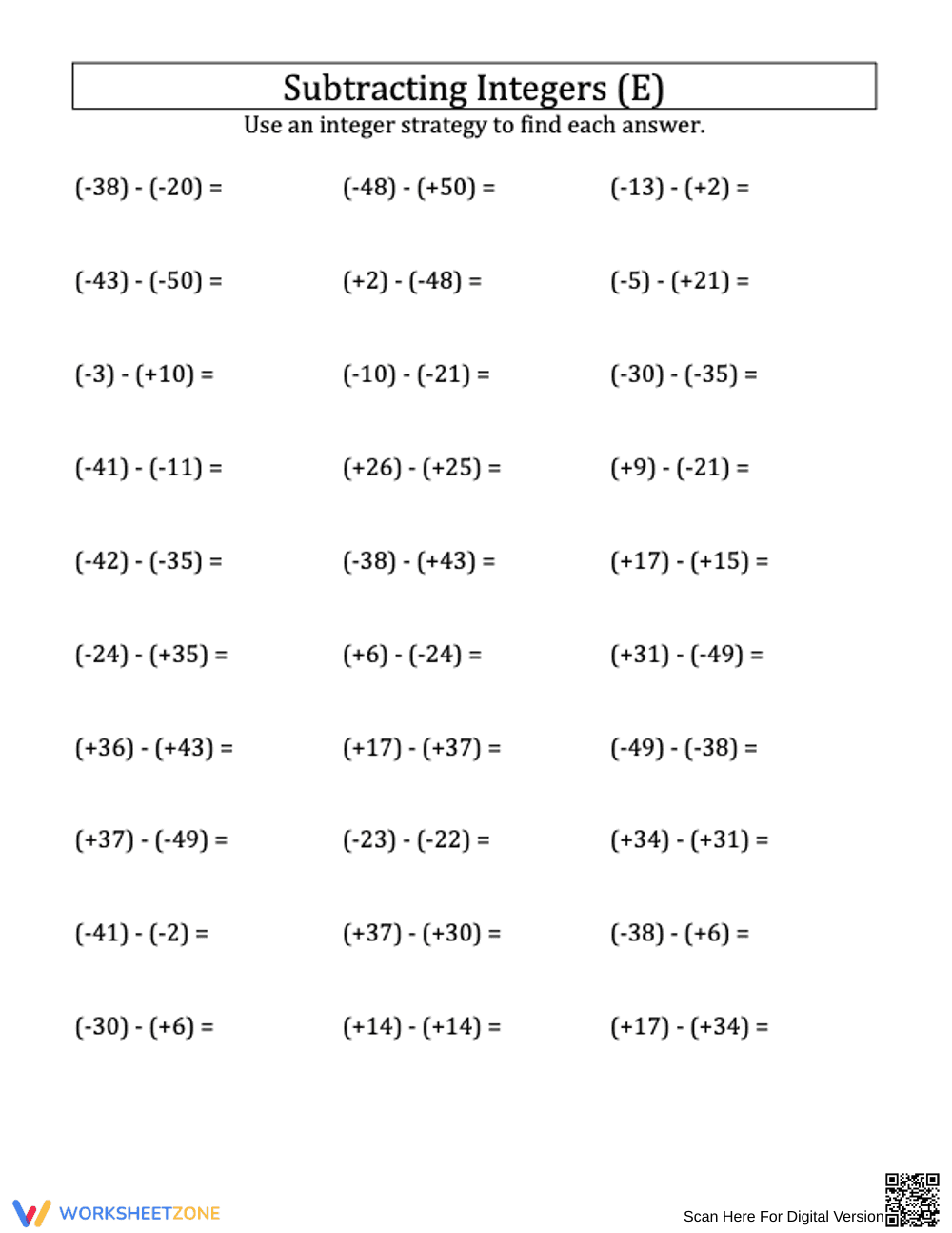 Integer Subtraction with Parentheses: -50 to 50 - Page 1