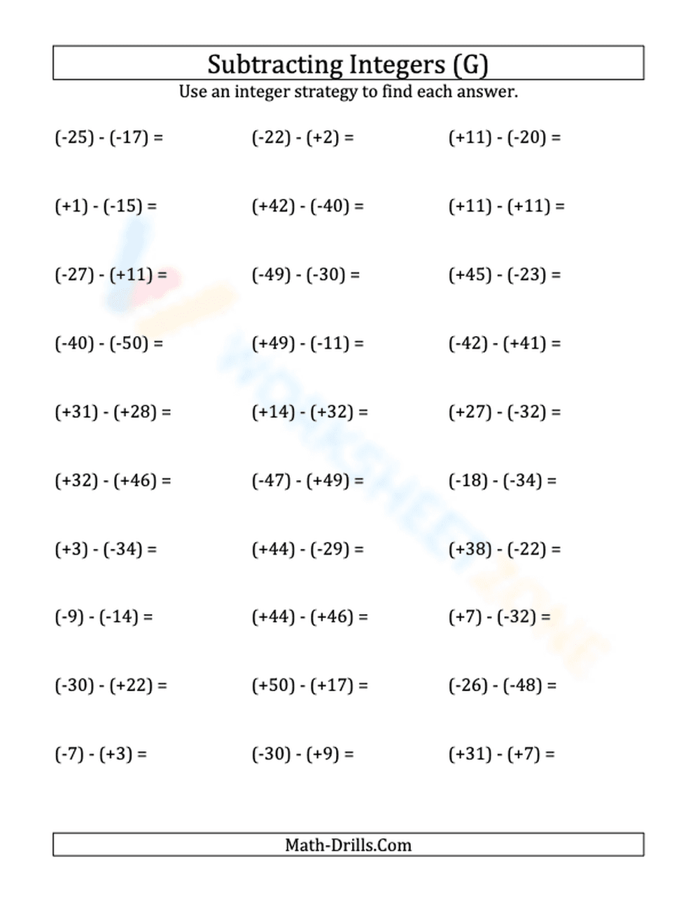 Practice Integer Subtraction with Parentheses - Page 1