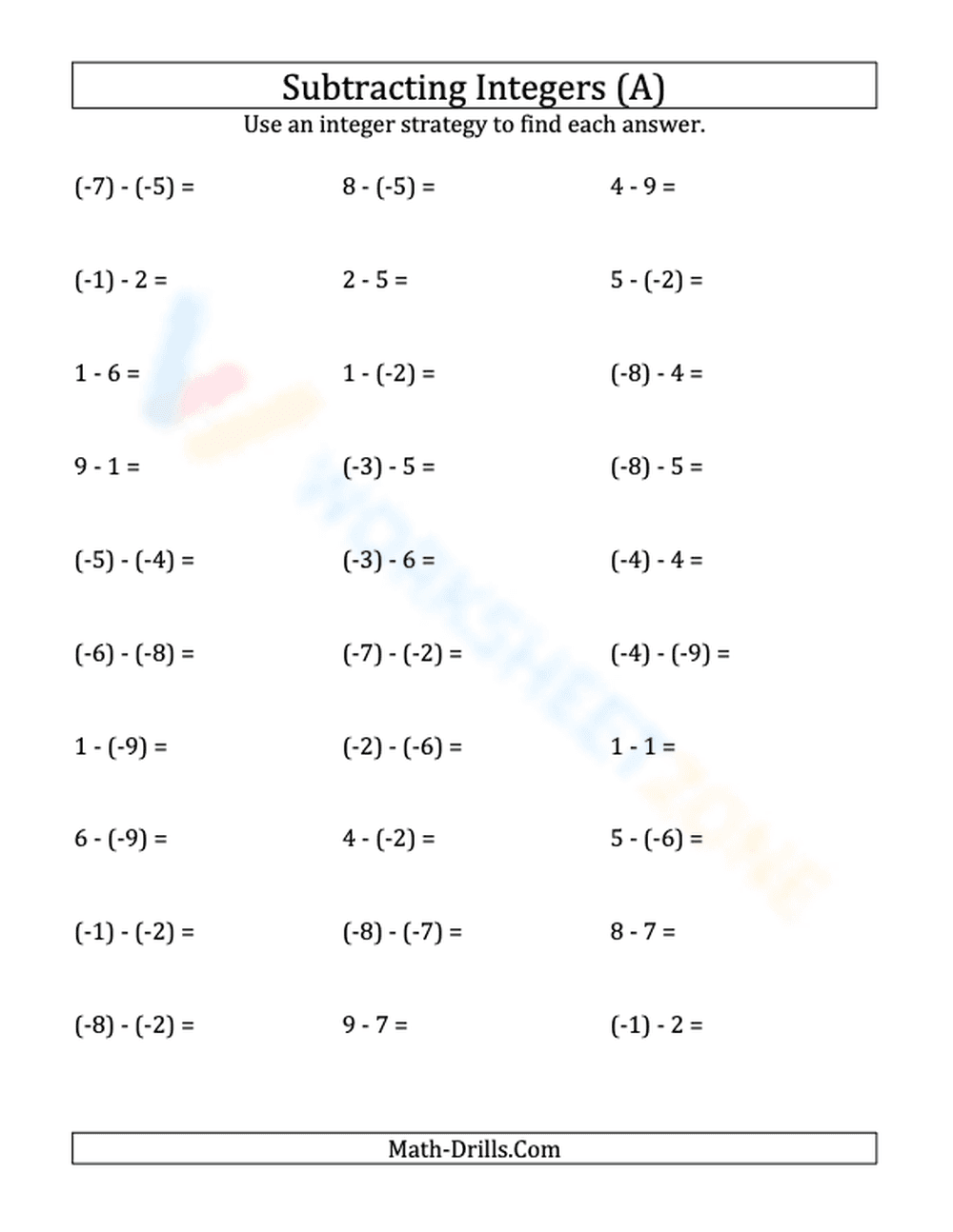 Subtracting Negative Integers with Parentheses - Page 1
