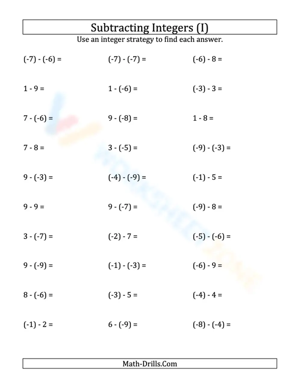 Subtract Negative Integers with Parentheses (-9 to 9) - Page 1