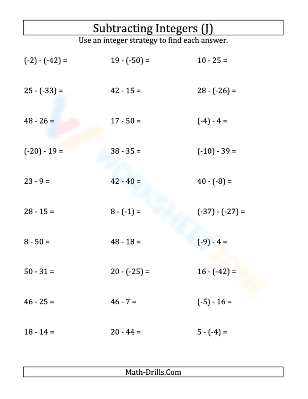 Practice Subtracting Negative Integers (-50 to 50) - Page 1