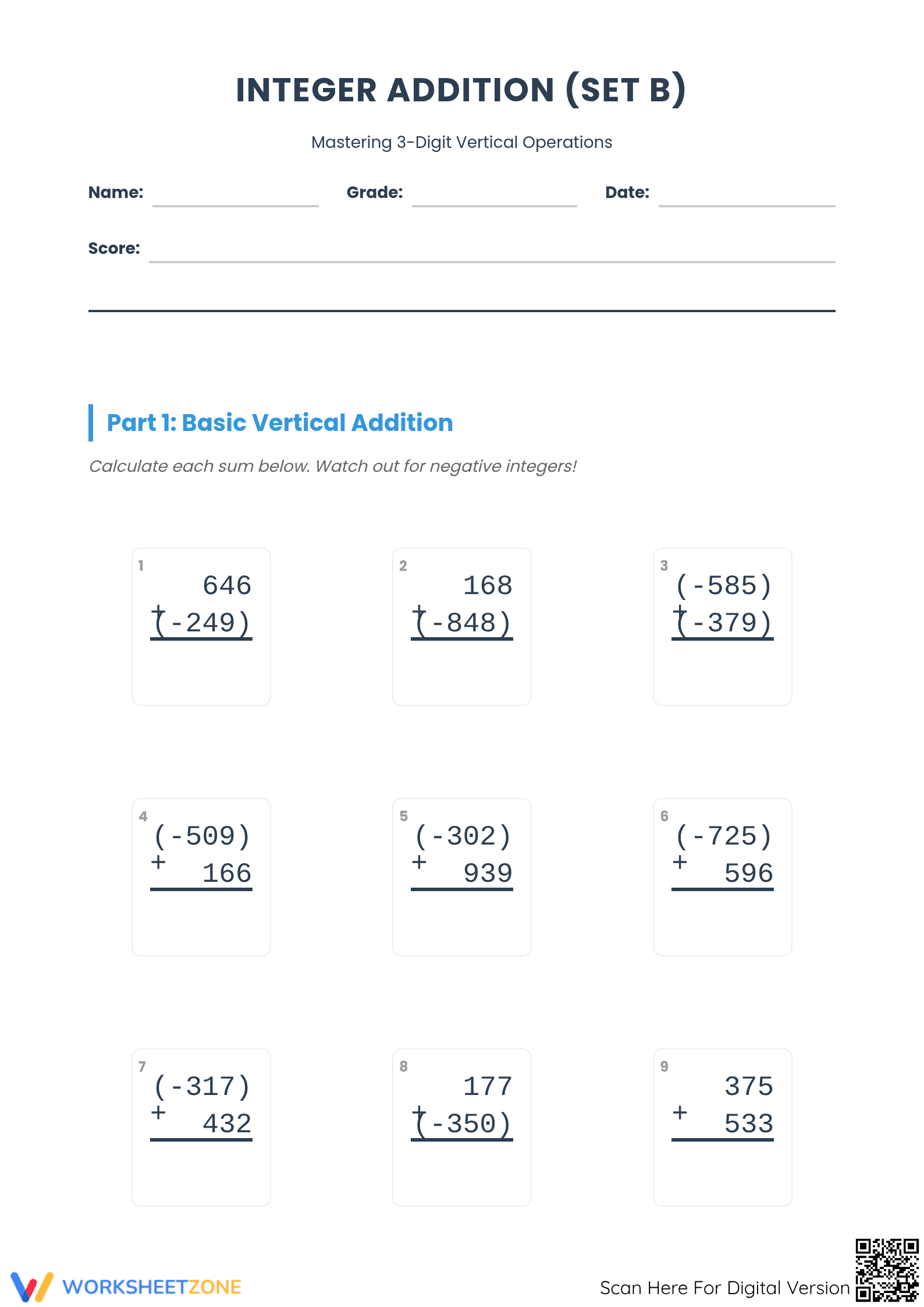 3-Digit Integer Vertical Addition | Essential Grade 5 Math - Page 1