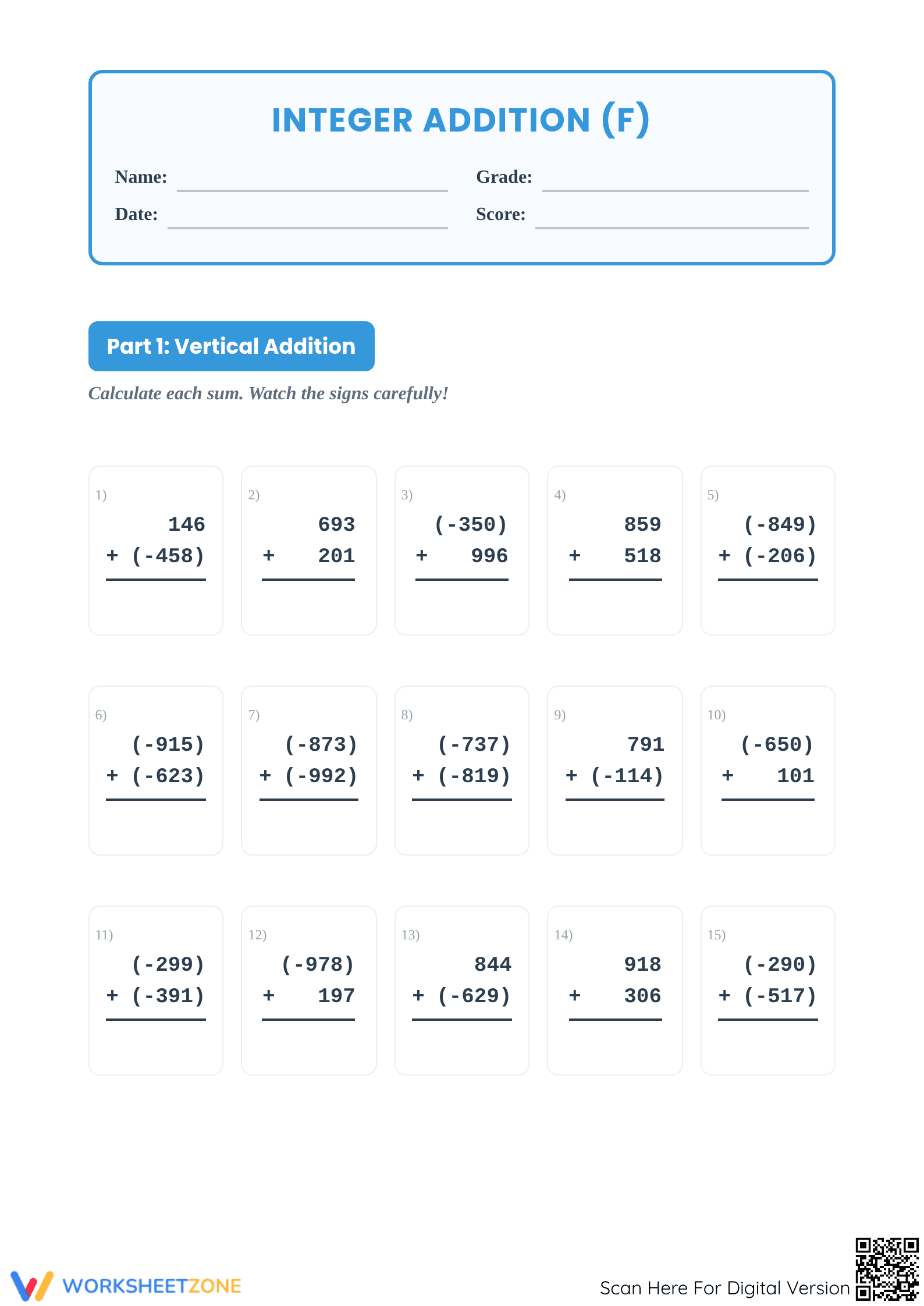 Essential Grade 5 Integer Addition Worksheet | Printable - Page 1