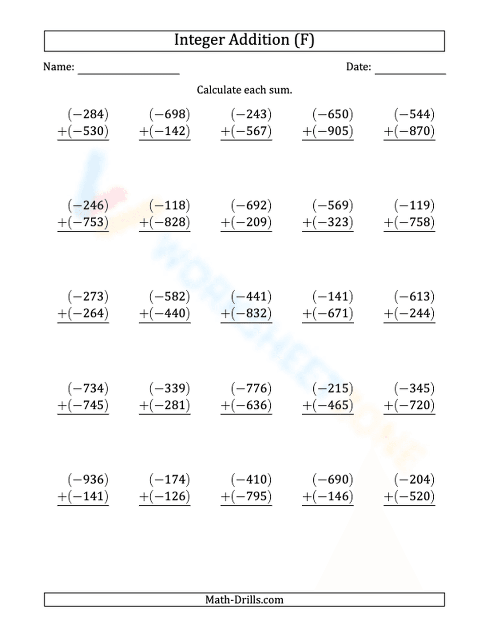 Printable 3-Digit Negative Integer Addition | Grade 5 - Page 1