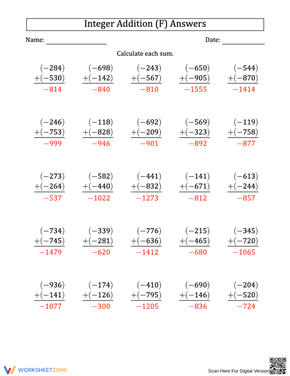 Printable 3-Digit Negative Integer Addition | Grade 5 - Page 1