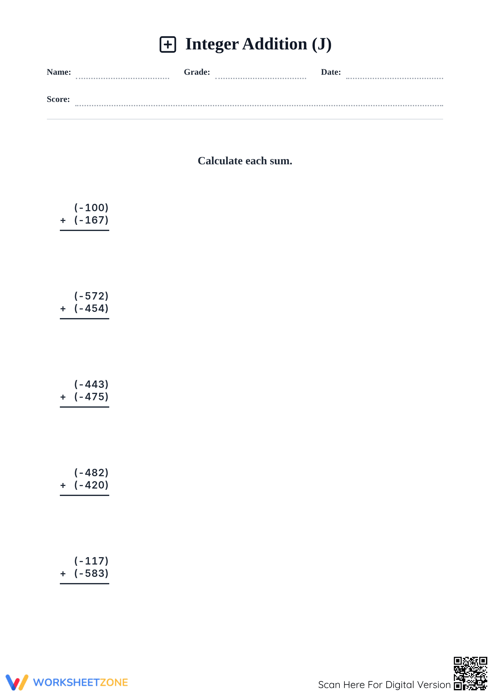 Essential Grade 7: 3-Digit Negative Integer Addition Worksheet - Page 1