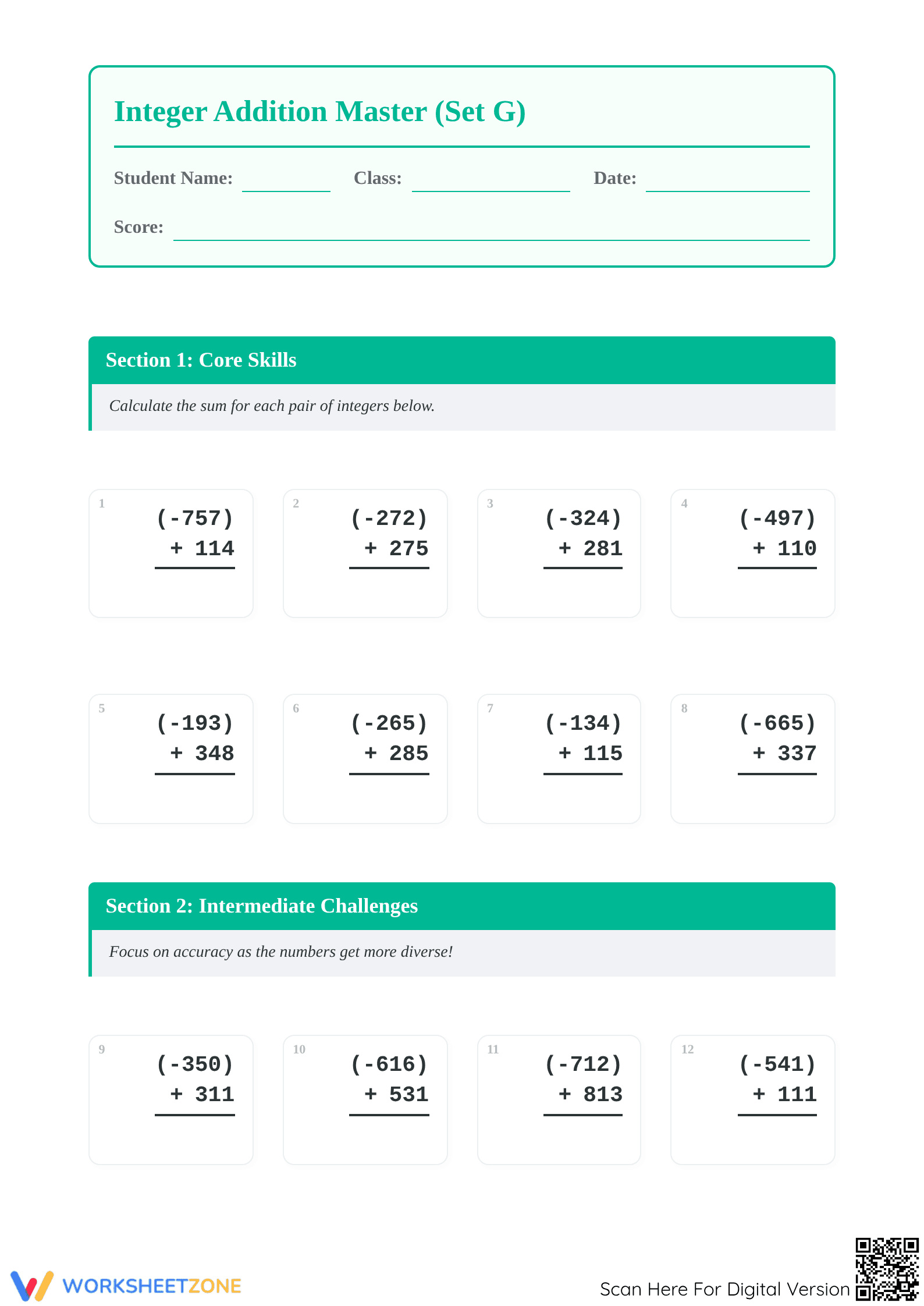 Essential 3-Digit Integer Vertical Addition Worksheet Grade 7 - Page 1