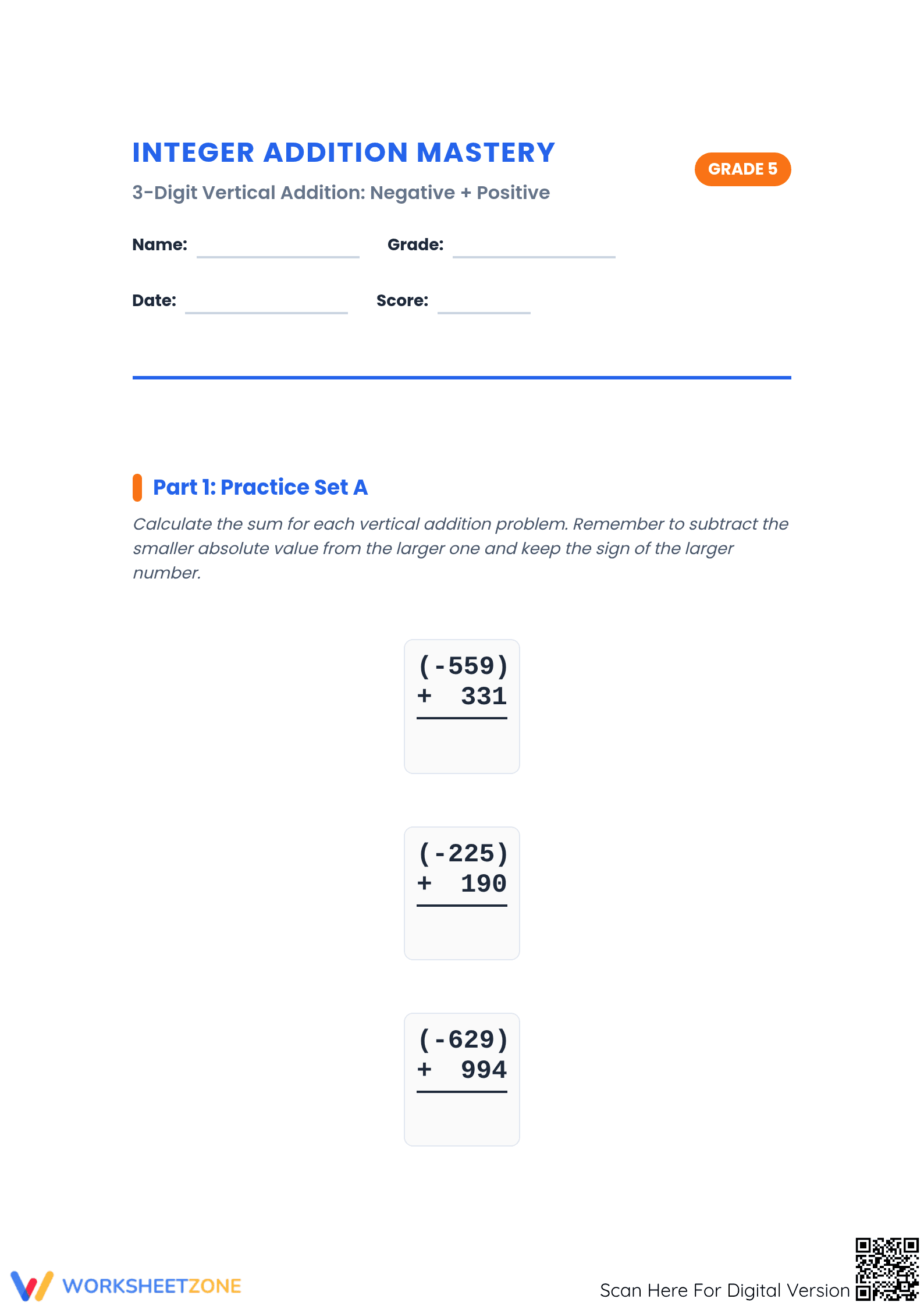 Essential 3-Digit Integer Addition Worksheet | Grade 5 Math - Page 1