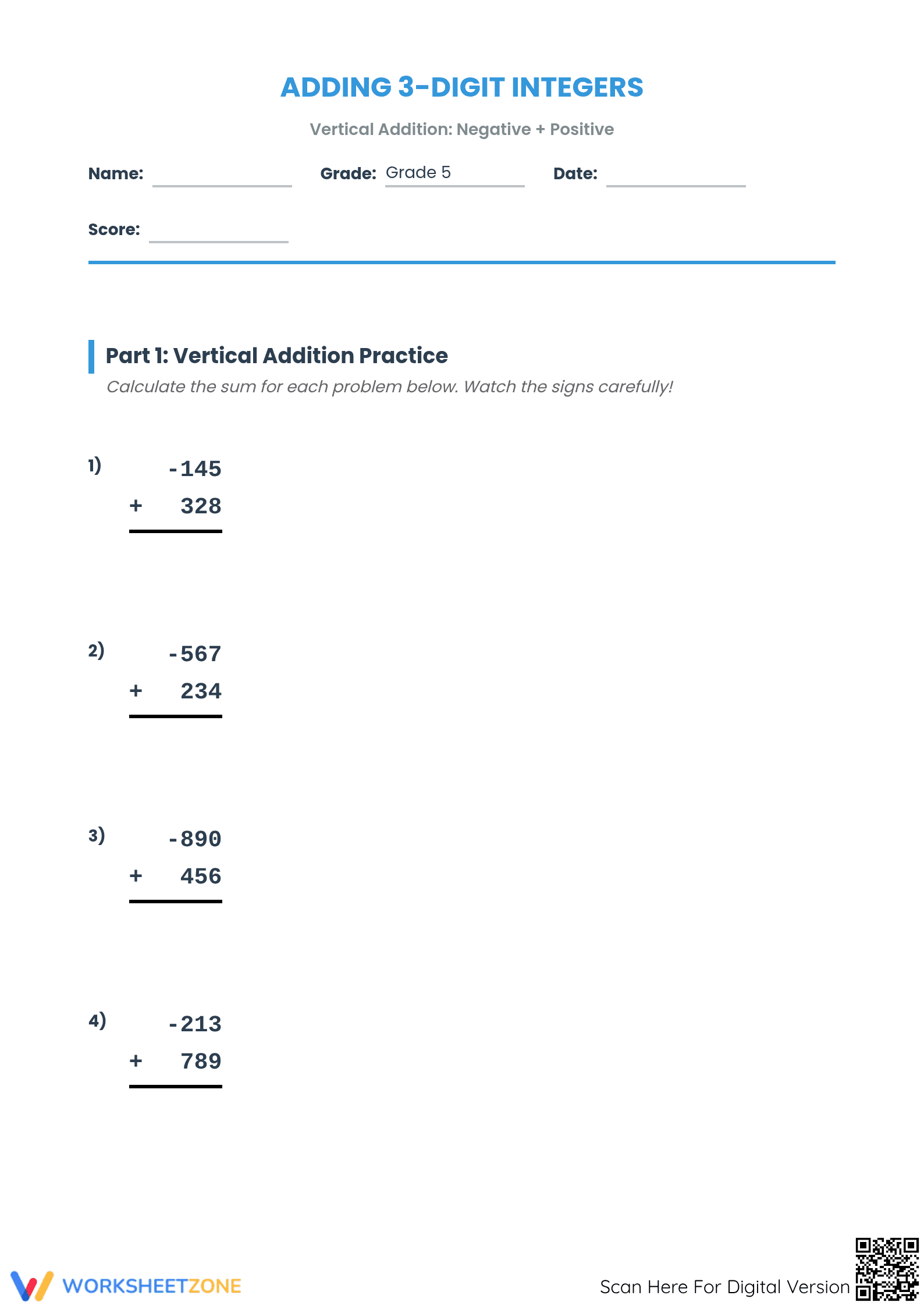 Printable Adding 3-Digit Integers Worksheet | Grade 5 Math - Page 1