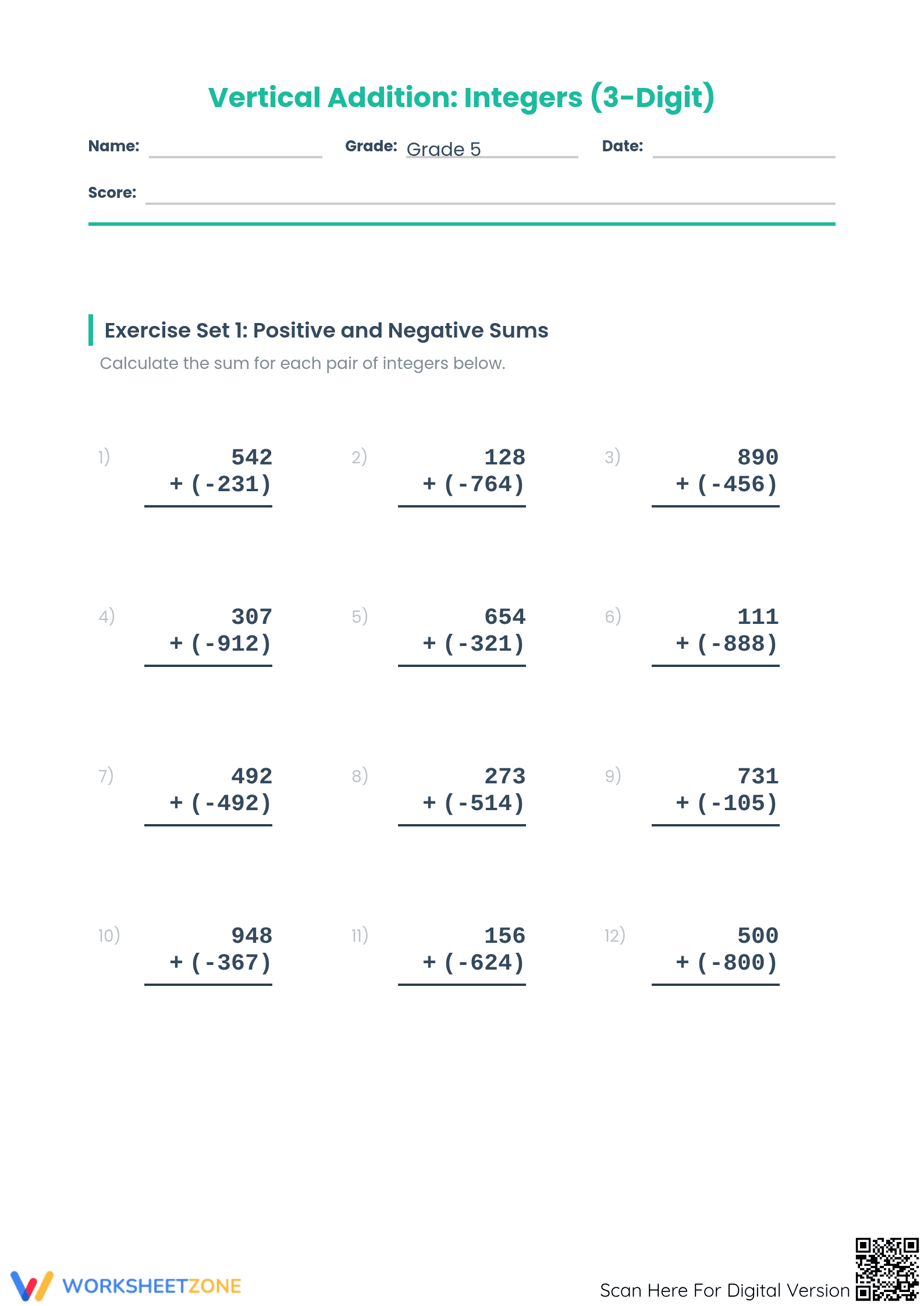 Printable 3-Digit Integer Addition Worksheet | Grade 5 Math - Page 1