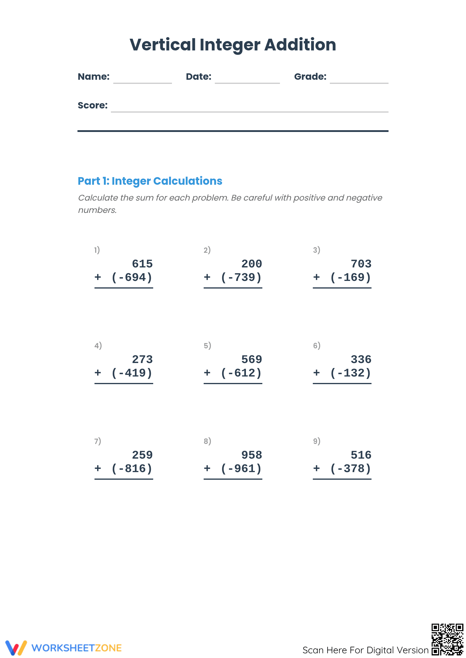 Vertical Integer Addition Worksheet | Grade 5 Essential - Page 1