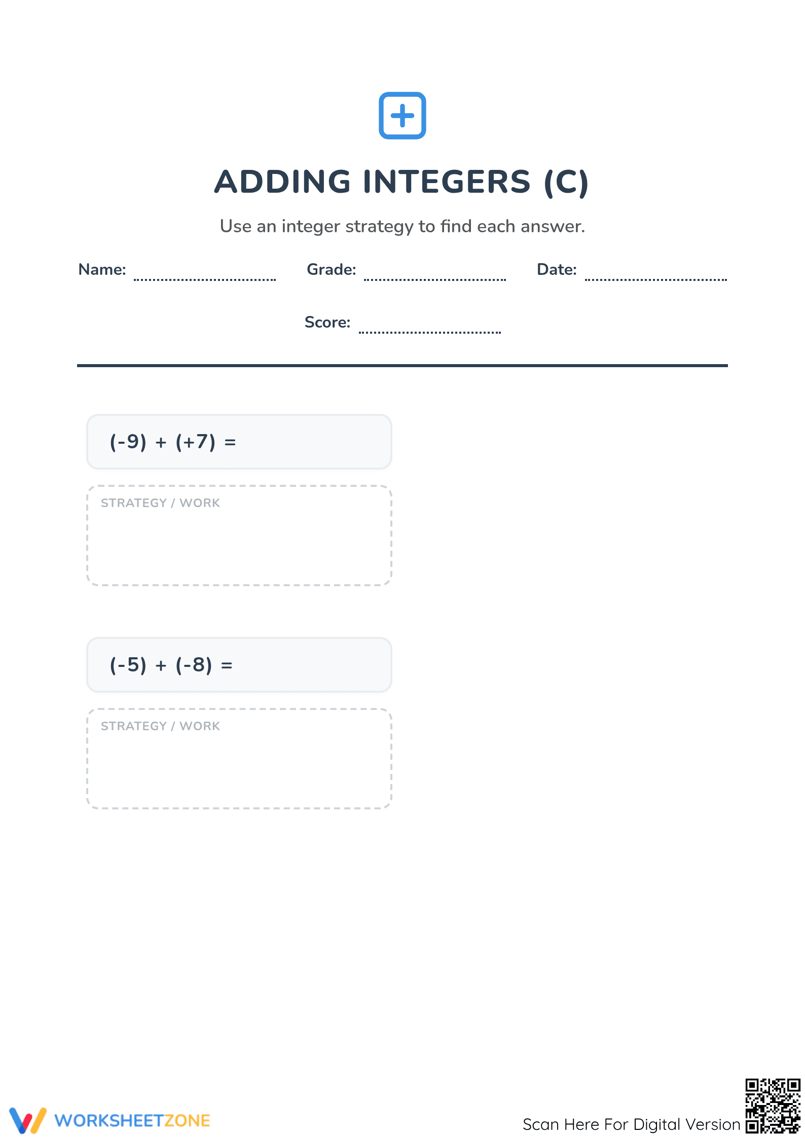 Essential Integers Addition Worksheet | Grade 5 Math - Page 1