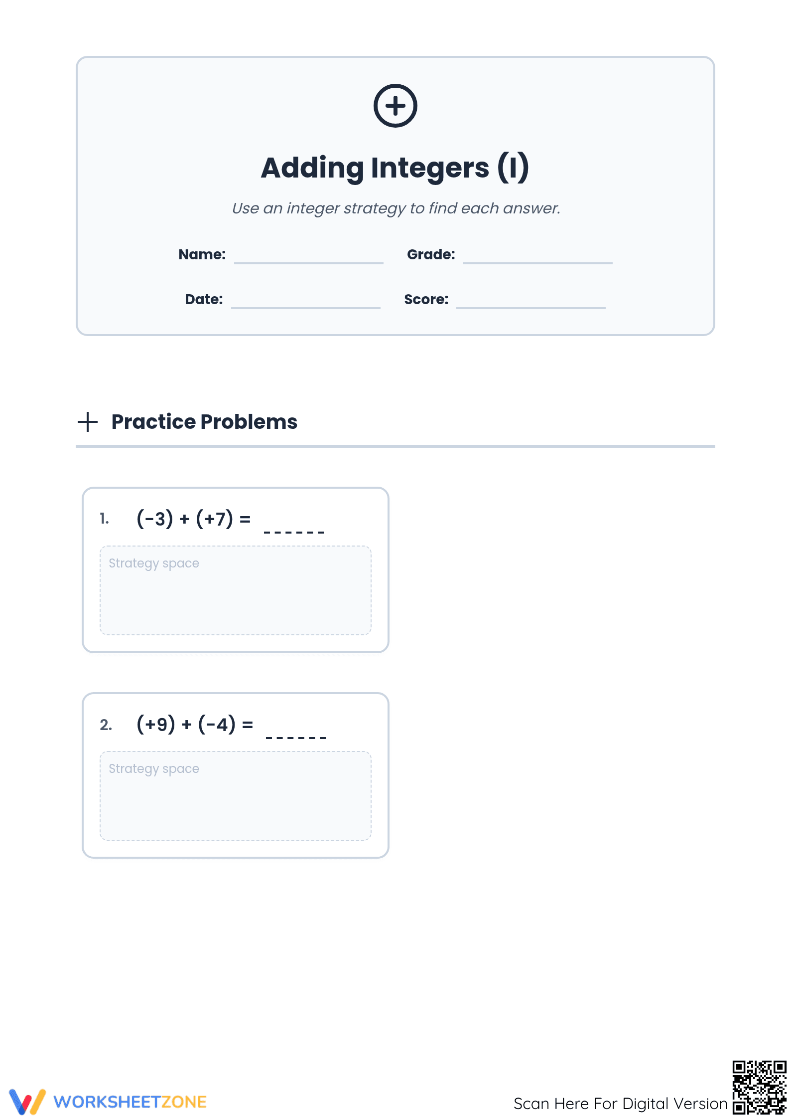Printable Adding Integers Worksheet | Grade 5 Math - Page 1