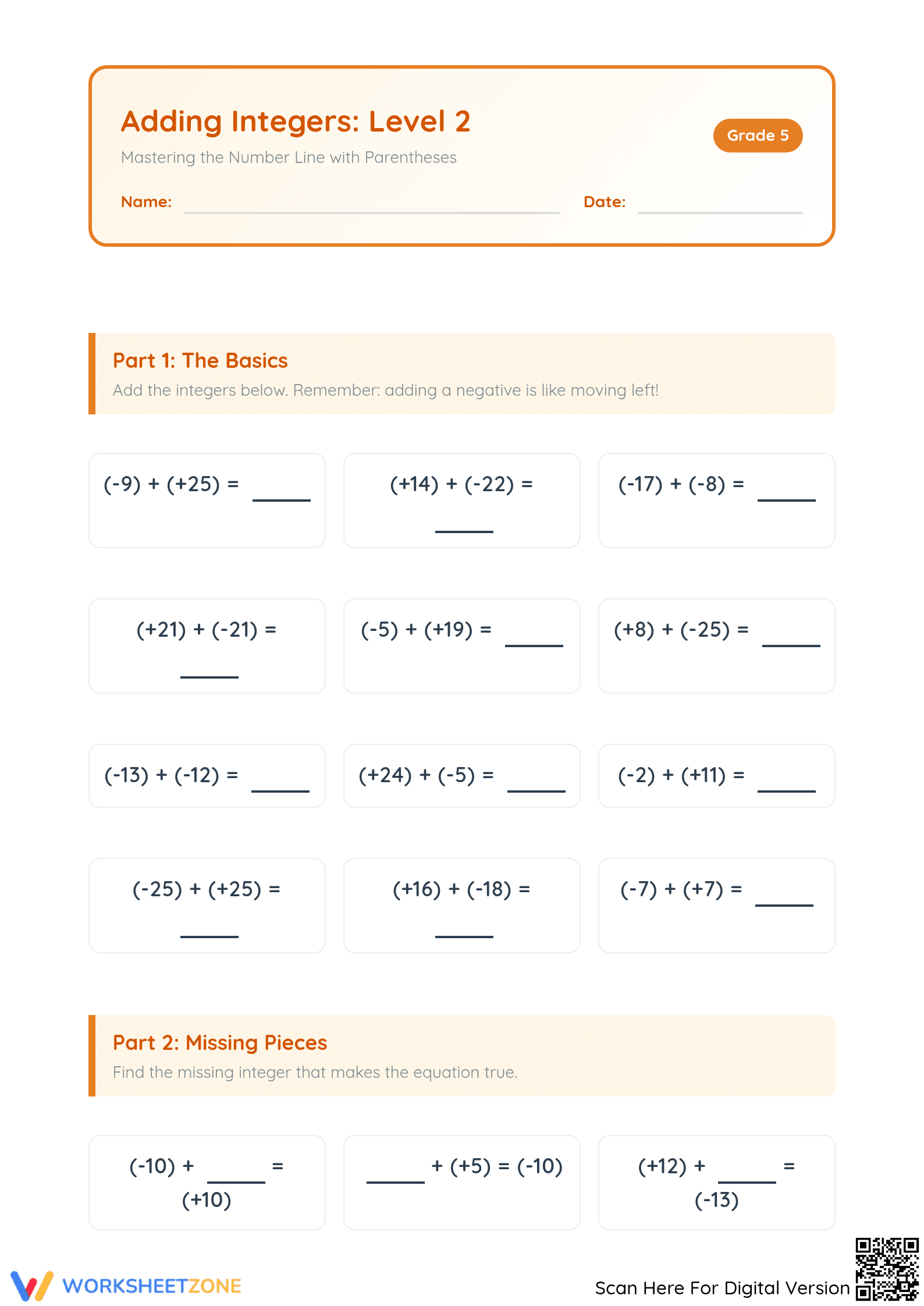 Printable Grade 5 Adding Integers Worksheet | Level 2 - Page 1