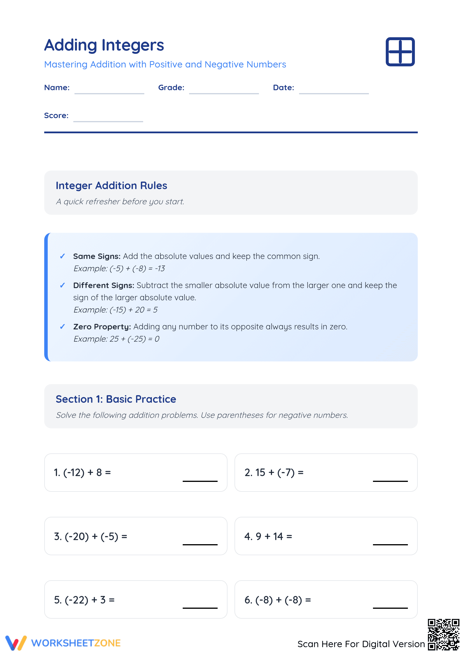 Essential Grade 5 Adding Integers Worksheet | Aligned - Page 1
