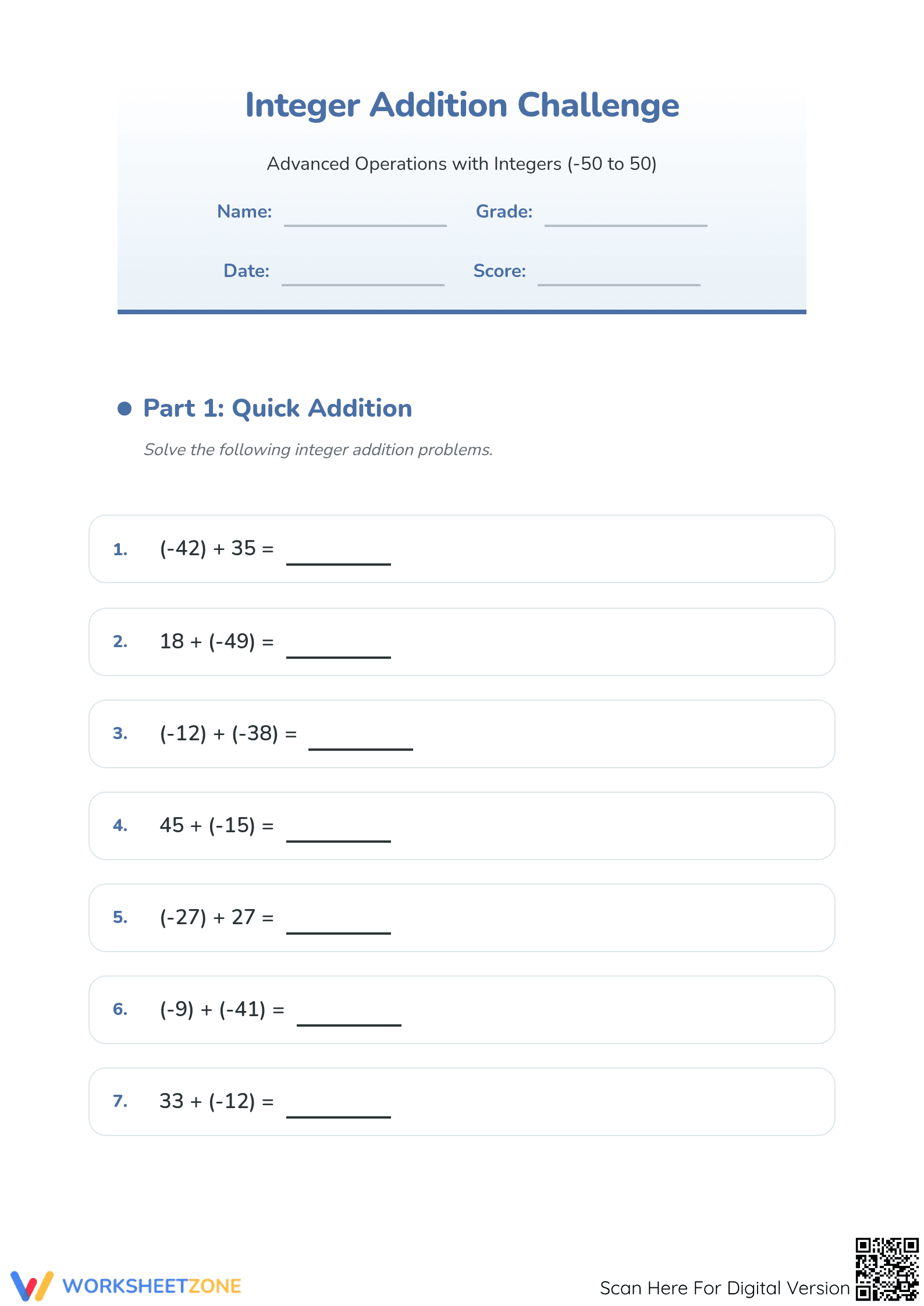 Printable Grade 5 Integer Addition Math Worksheet - Page 1