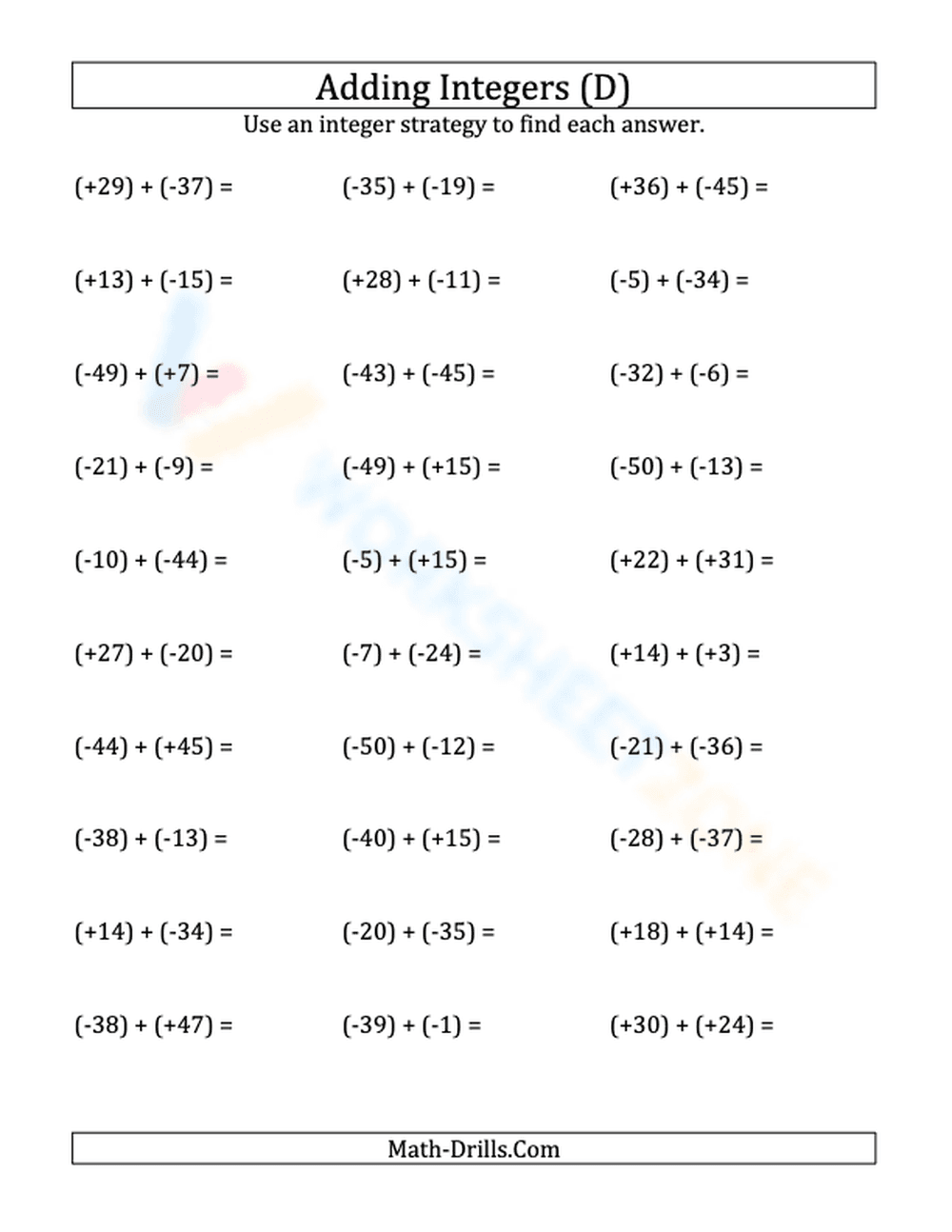Integers addition (all parentheses) from -50 to 50 (4) - Page 1