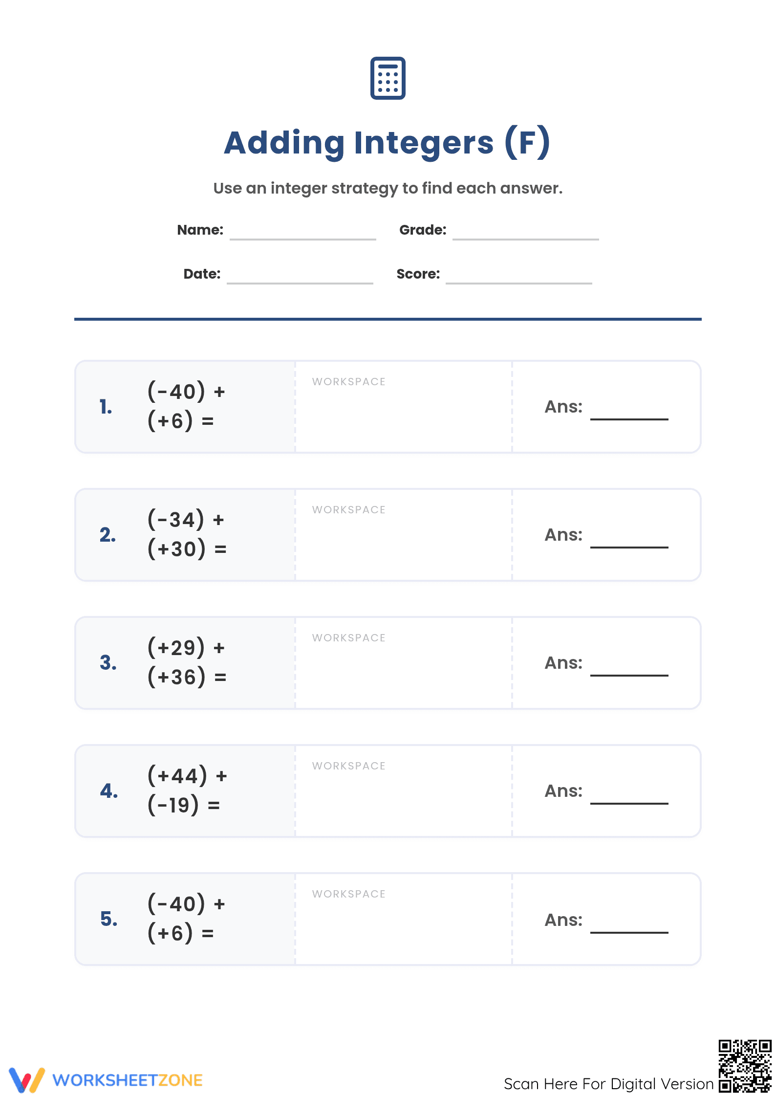 Printable Integers Addition Worksheet | Grade 5 Math - Page 1