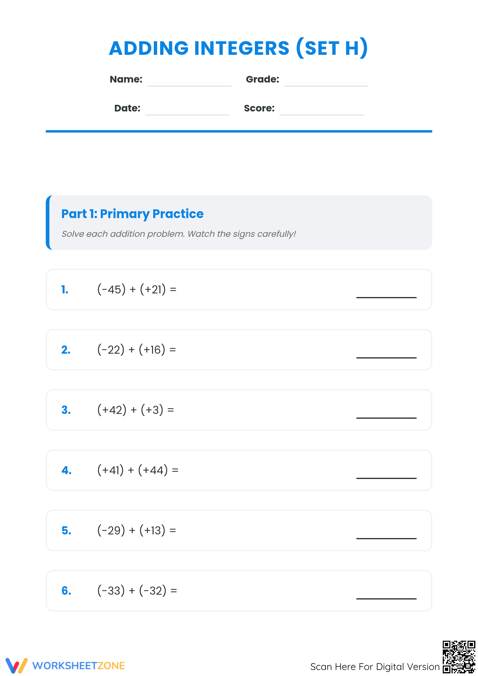 Printable Integers Addition Worksheet | Grade 5 Math - Page 1