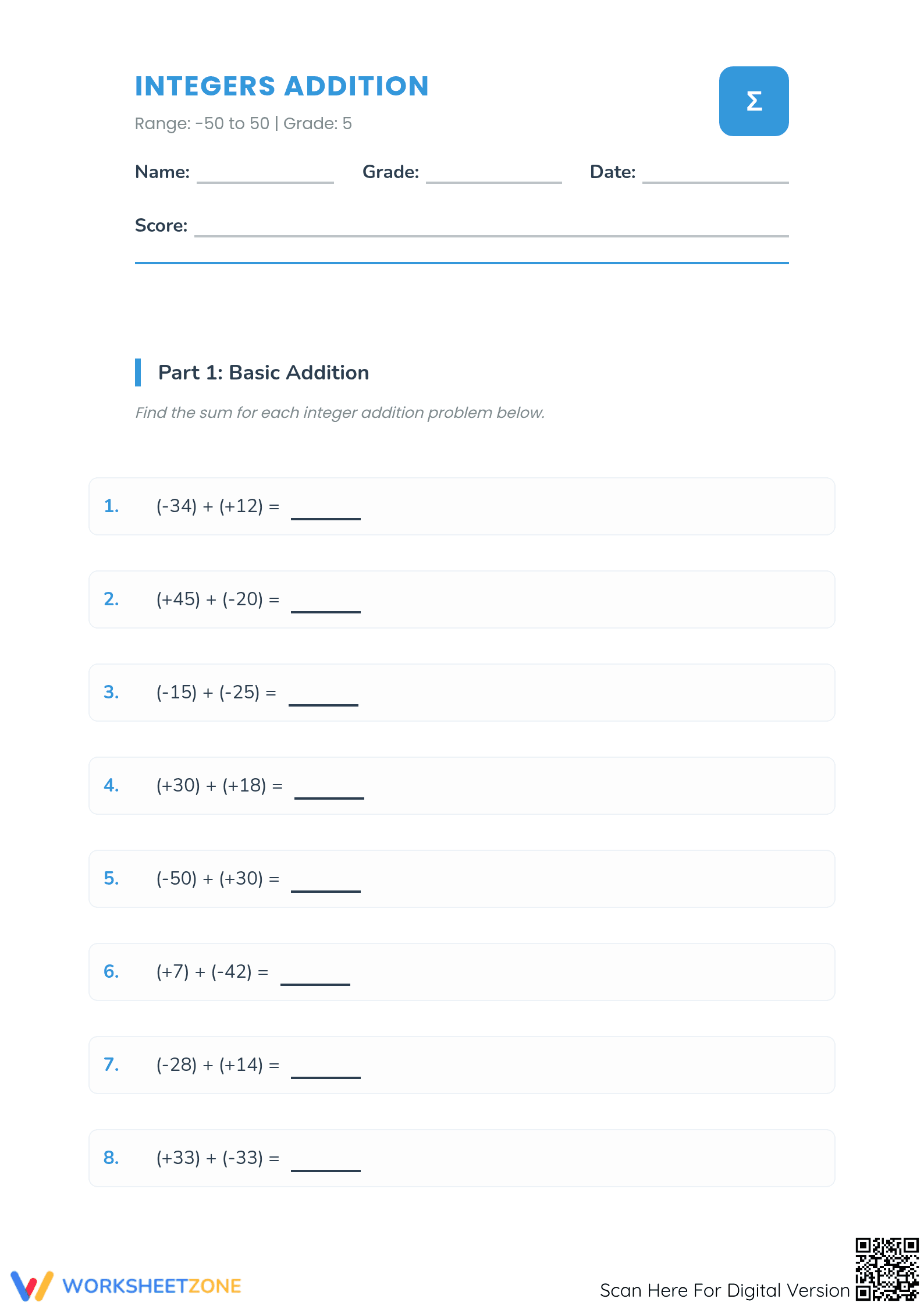 Printable Integers Addition Worksheet | Grade 5 Math - Page 1