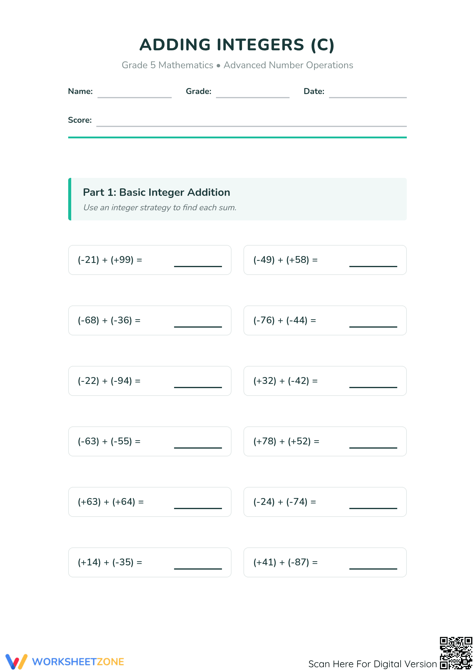 Integers Addition Worksheet | Essential Grade 5 Aligned - Page 1