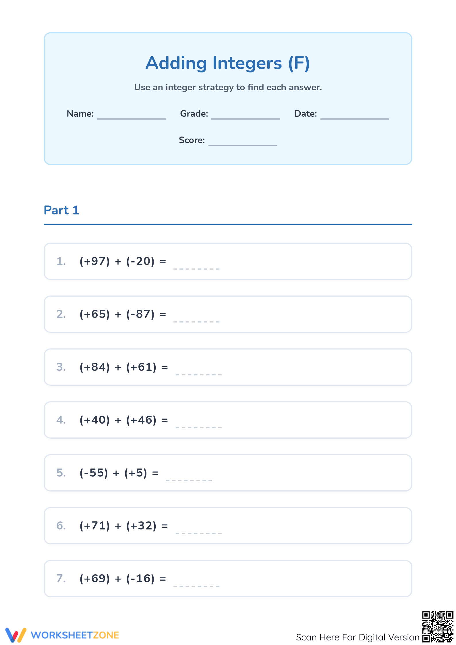 Essential Adding Integers Worksheet | Grade 5 Math - Page 1