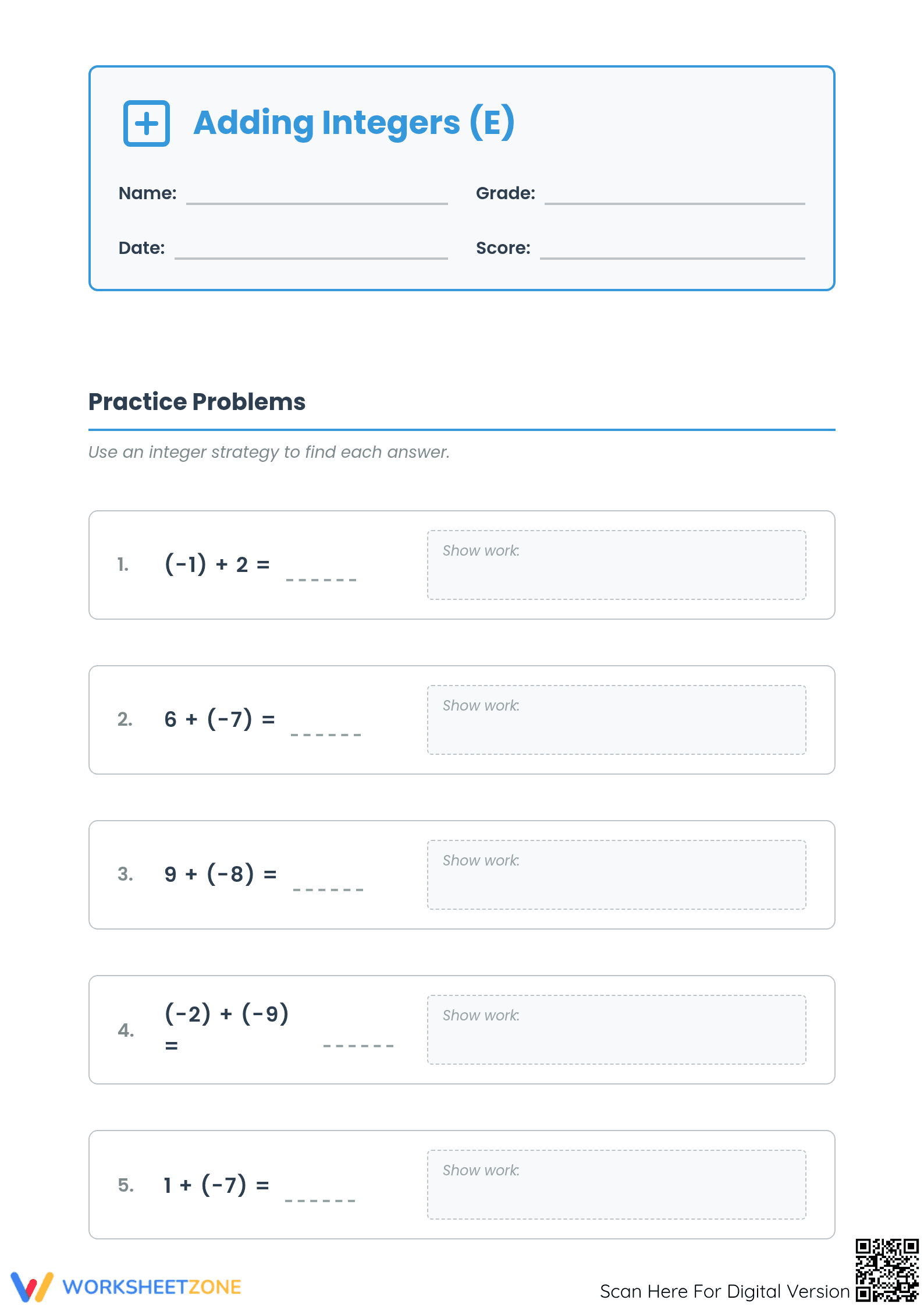 Essential Adding Integers Worksheet | Grade 5 Math - Page 1