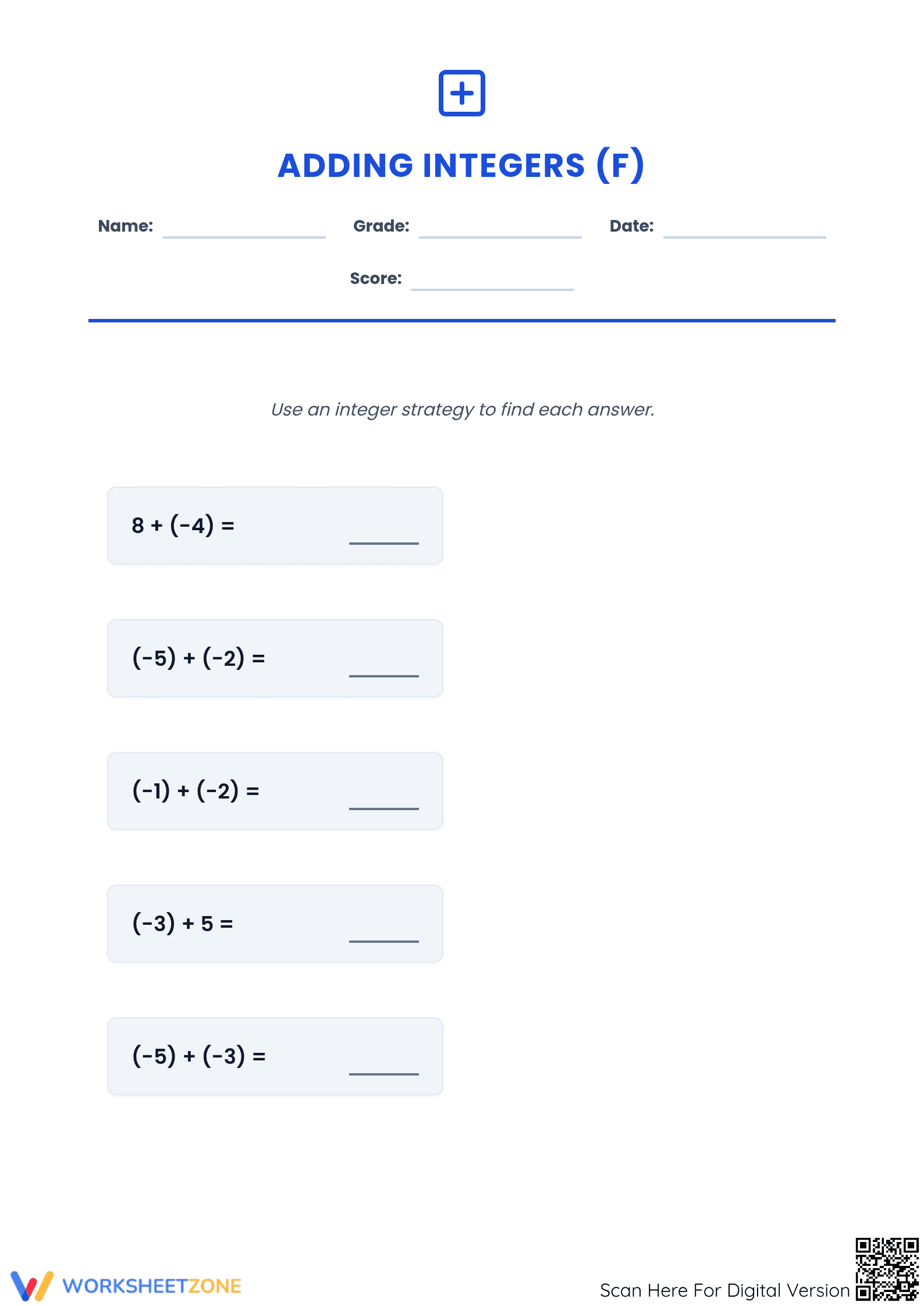 Printable Adding Integers Worksheet | Grade 5 Math - Page 1