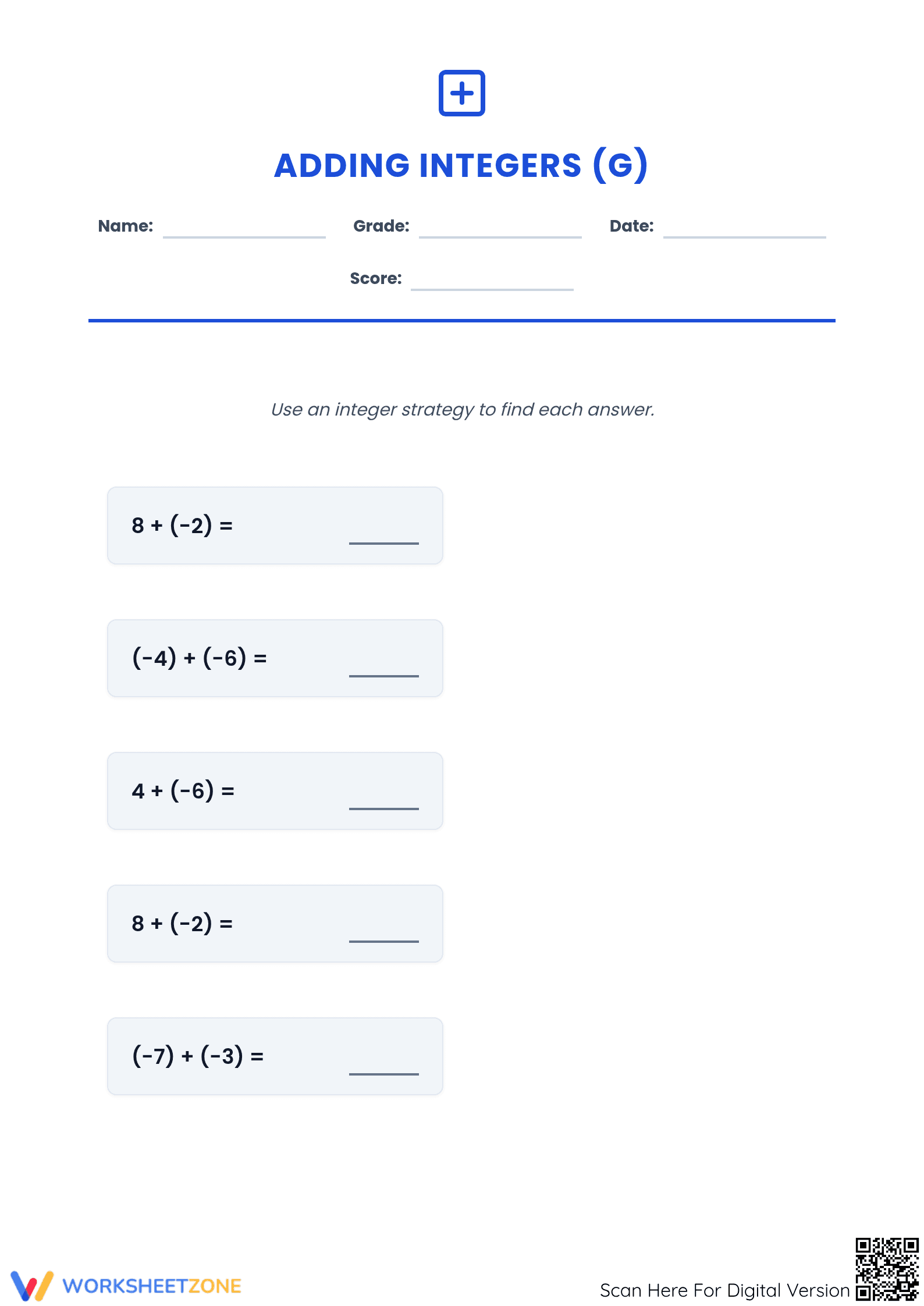 Essential Adding Integers Worksheet | Grades 6-8 Printable - Page 1