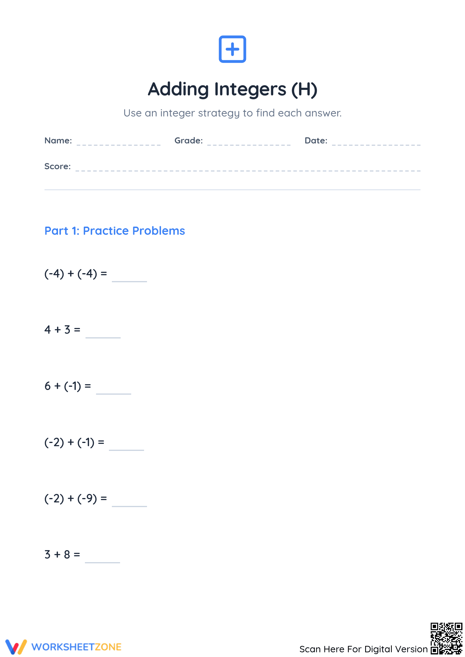 Printable Adding Integers Worksheet | Grade 5 Math - Page 1