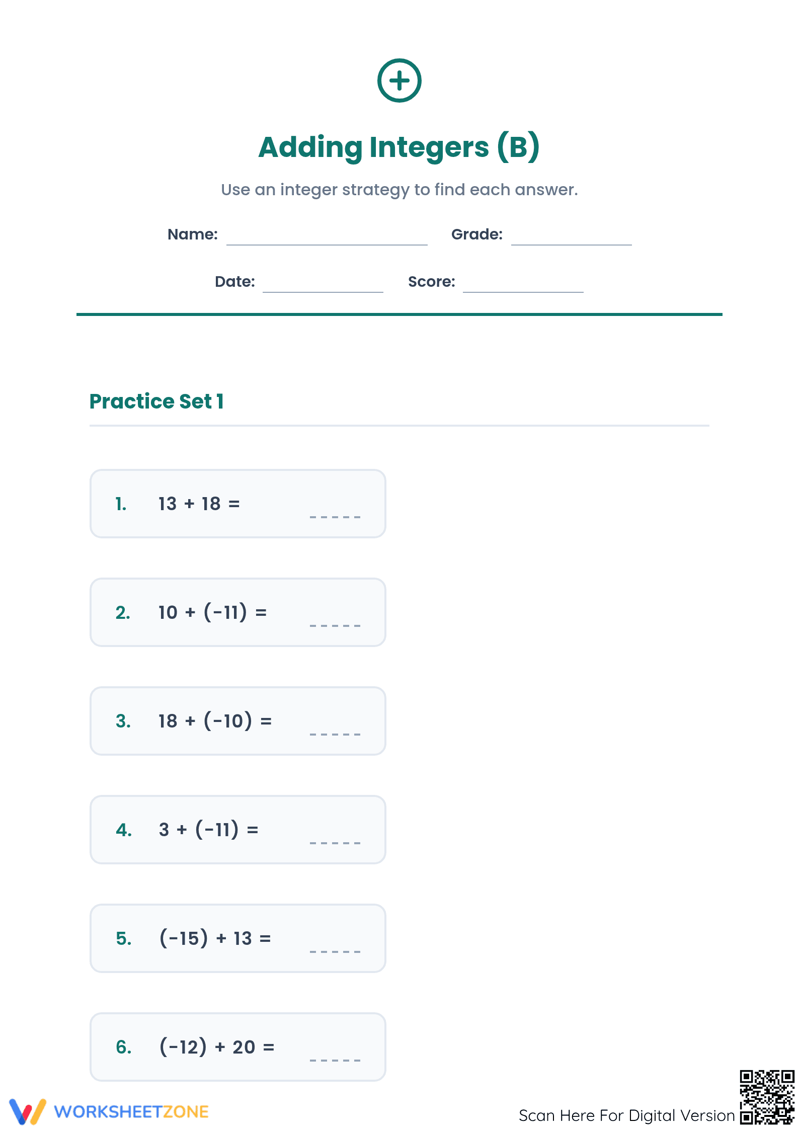 Printable Grade 5 Adding Integers with Negatives Worksheet - Page 1