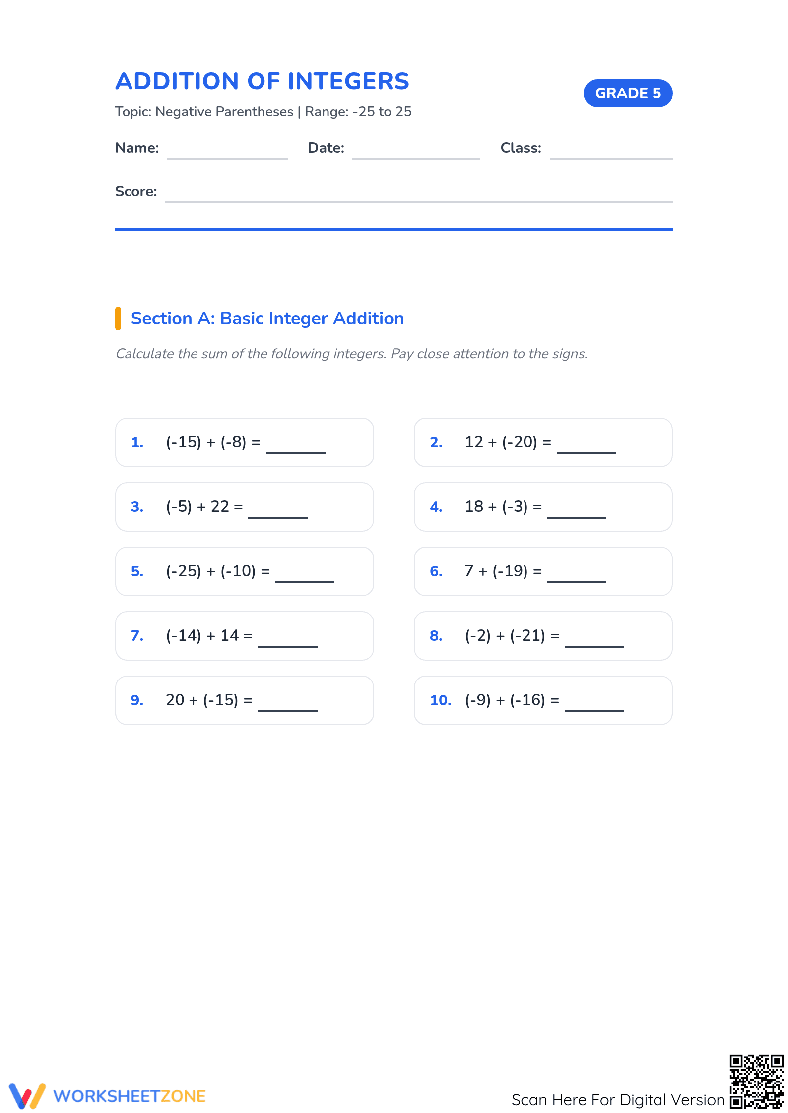 Integers Addition Printable Worksheet | Grade 5 Math - Page 1
