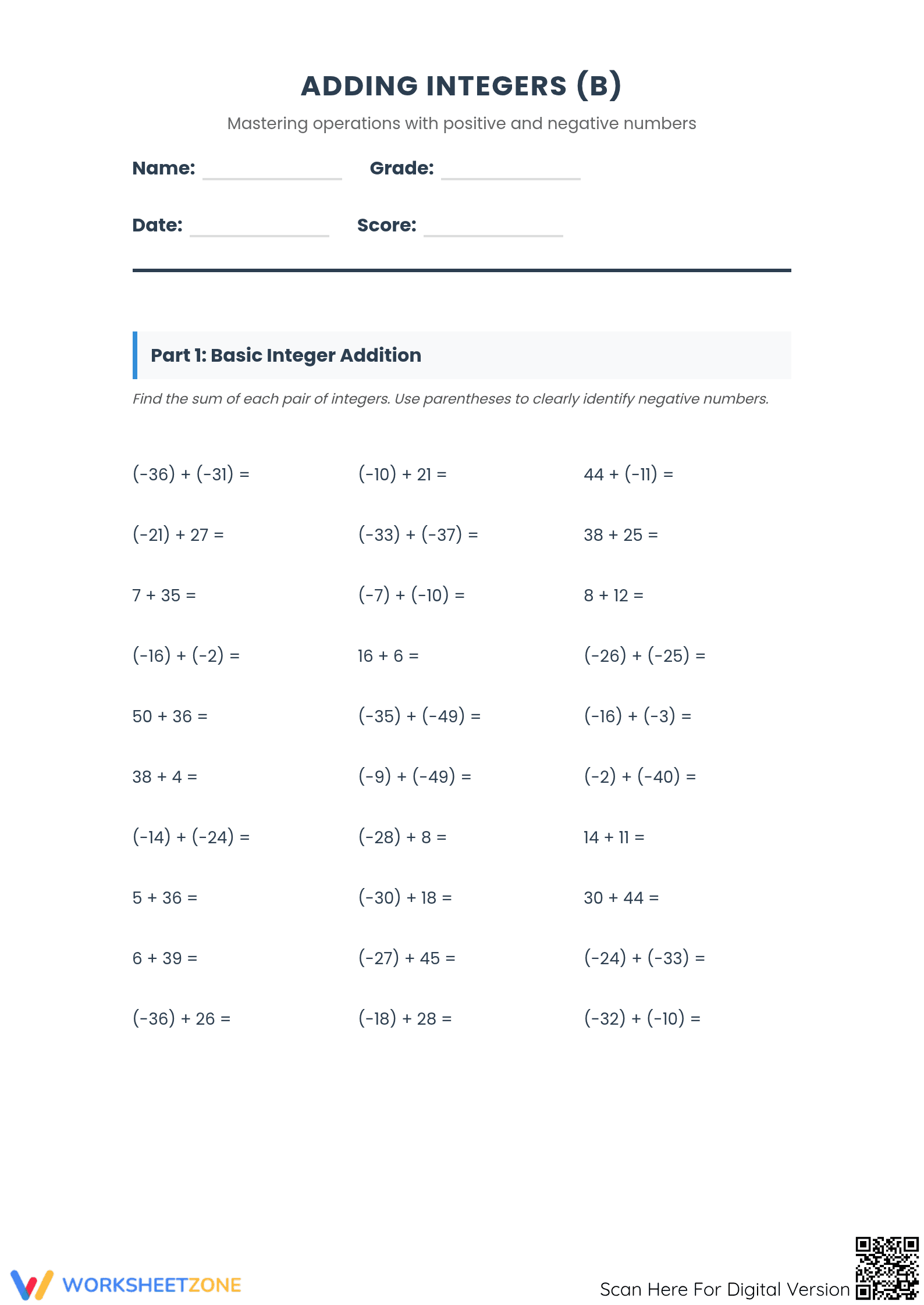 Essential Integers Addition Worksheet | Grade 7 Aligned - Page 1