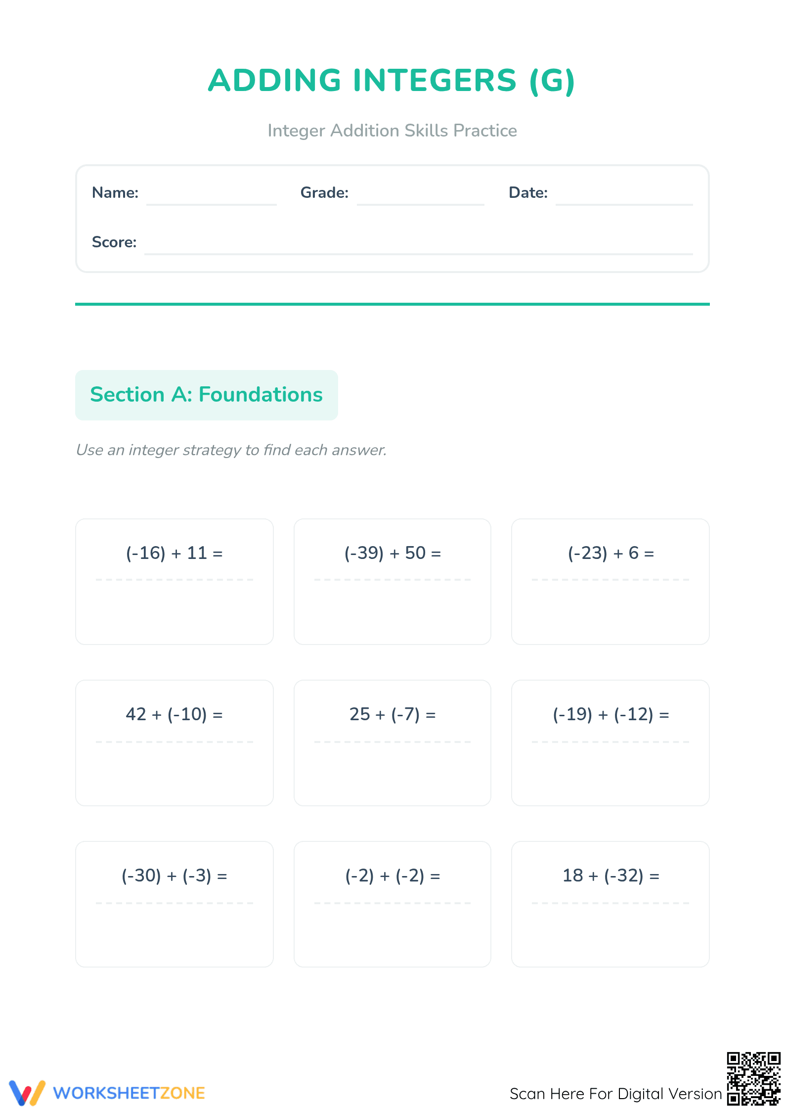 Printable Adding Integers Worksheet | Grades 5-8 Math - Page 1