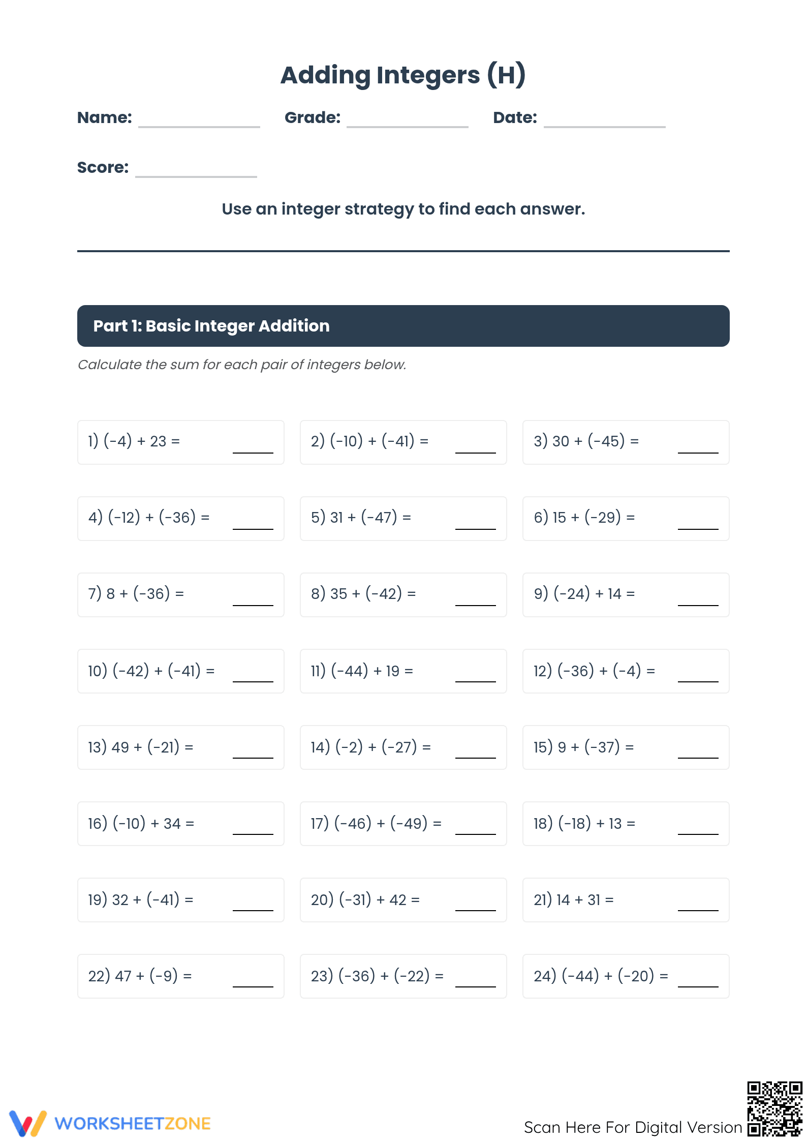 Essential Integers Addition Worksheet | Grade 7 Aligned - Page 1