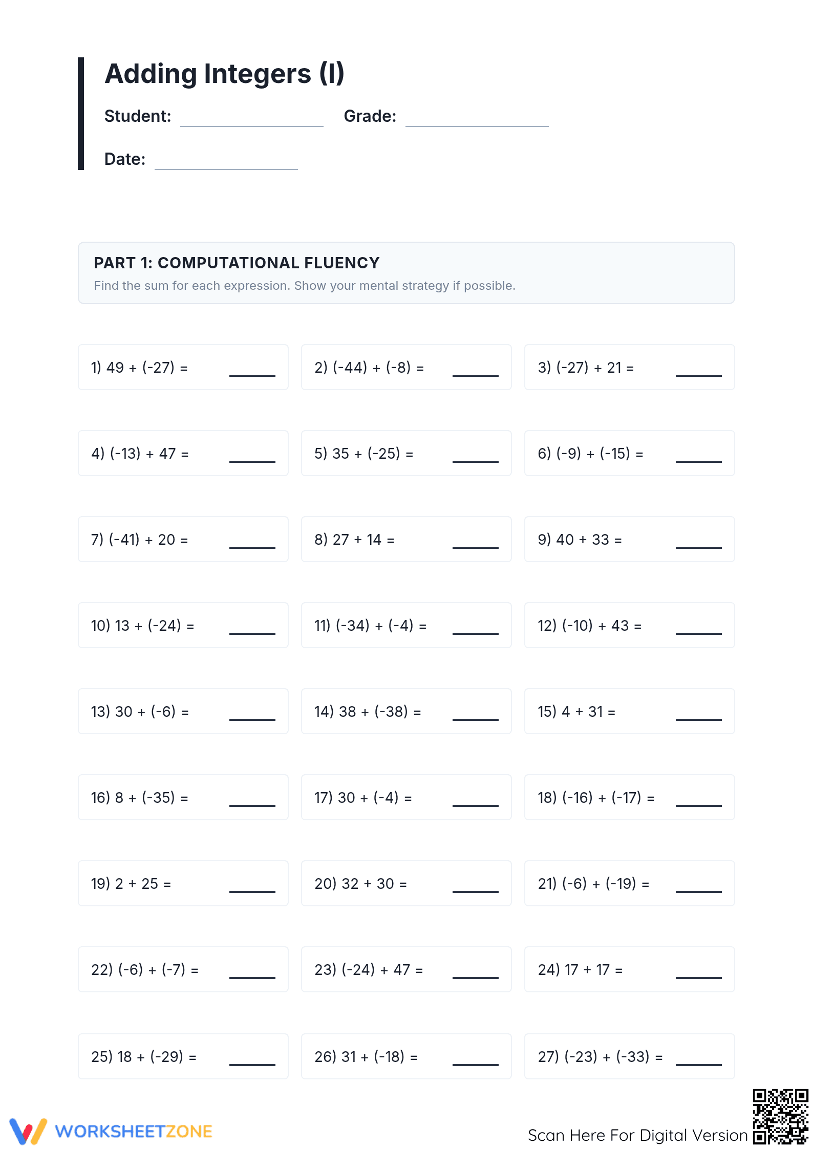 Essential Grade 7 Integer Addition Worksheet: CCSS 7.NS.A.1 Aligned - Page 1