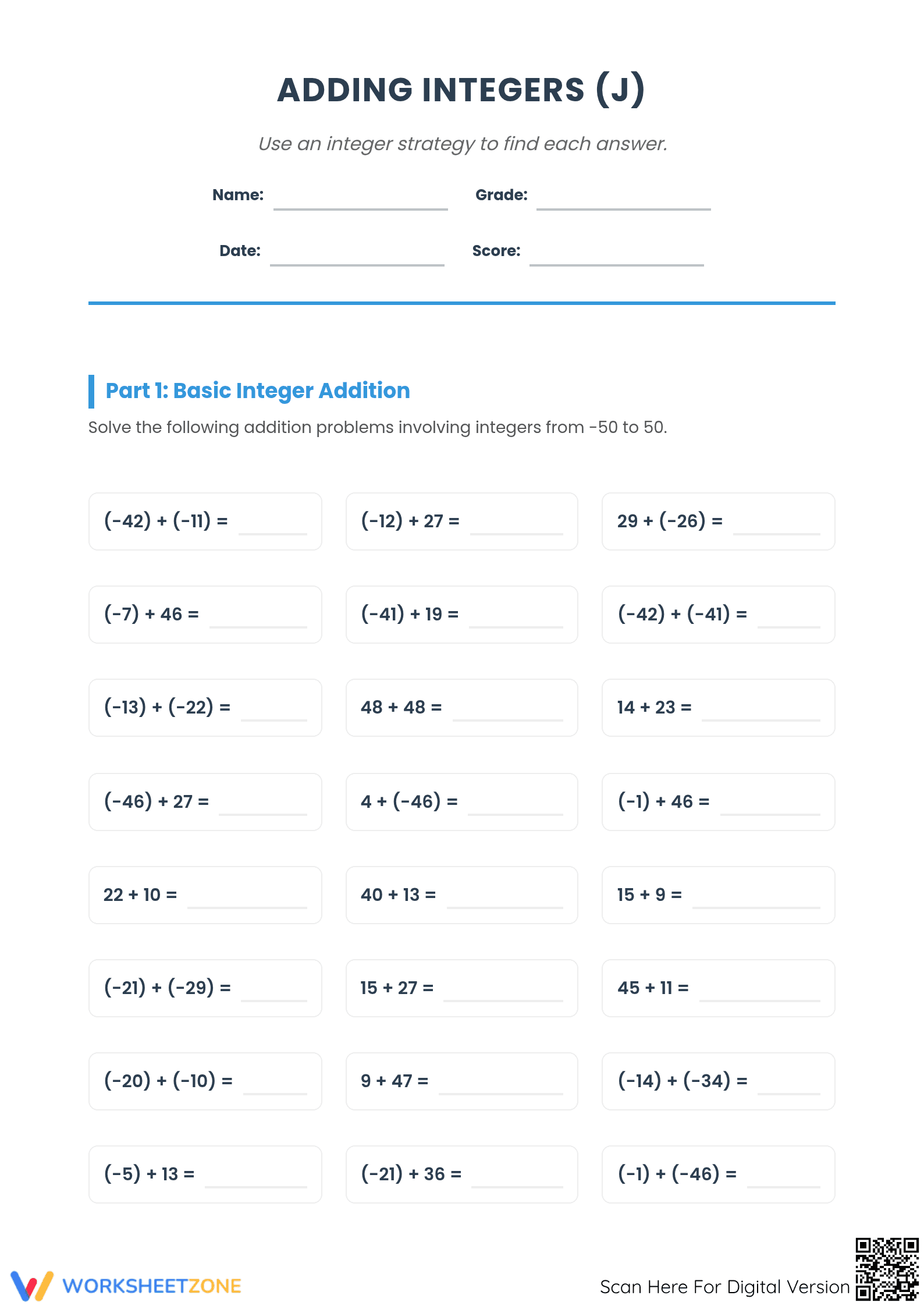 Printable Adding Integers Worksheet | Grade 7 Math - Page 1
