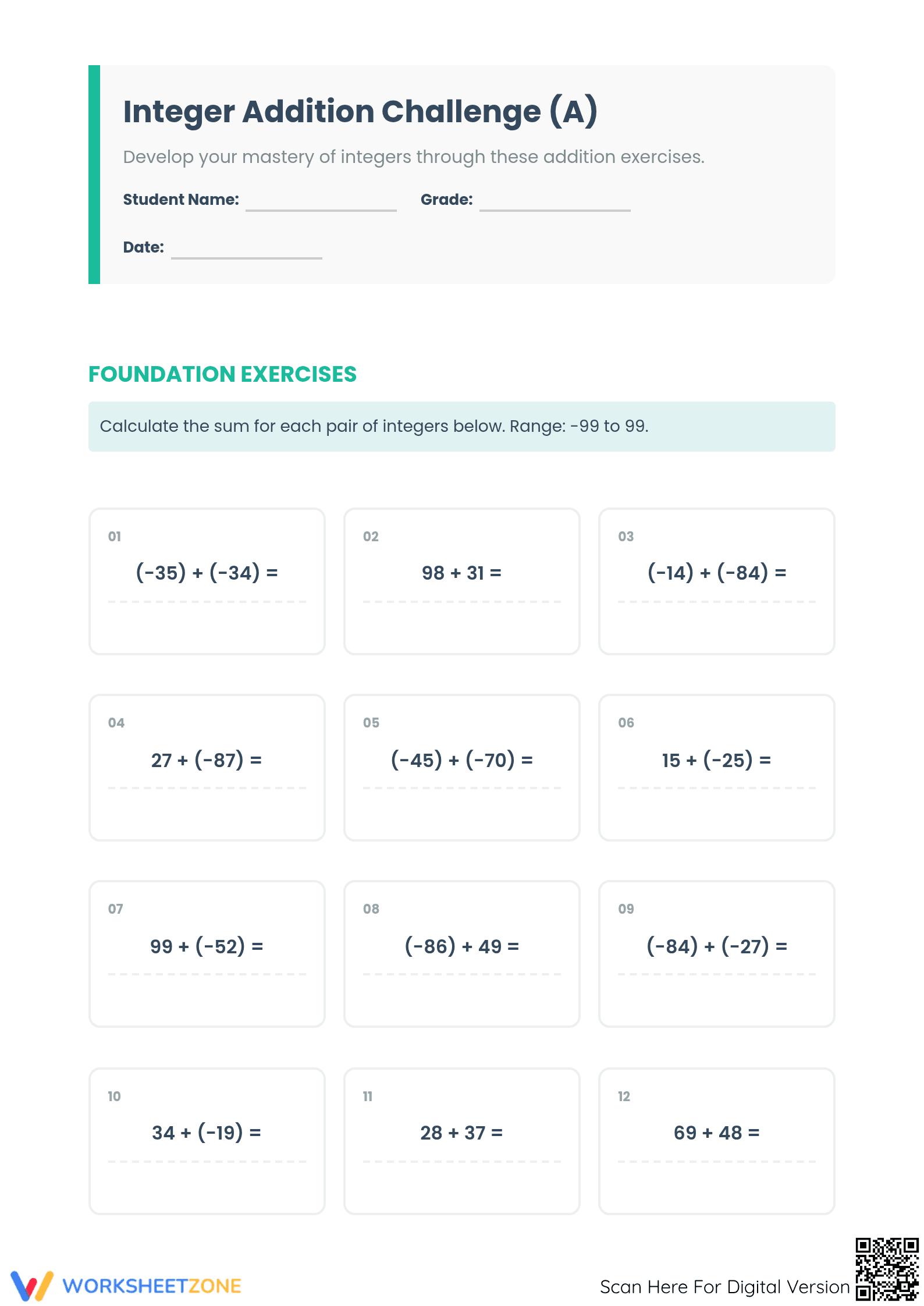 Printable Integer Addition Worksheet | Grade 7 Aligned - Page 1