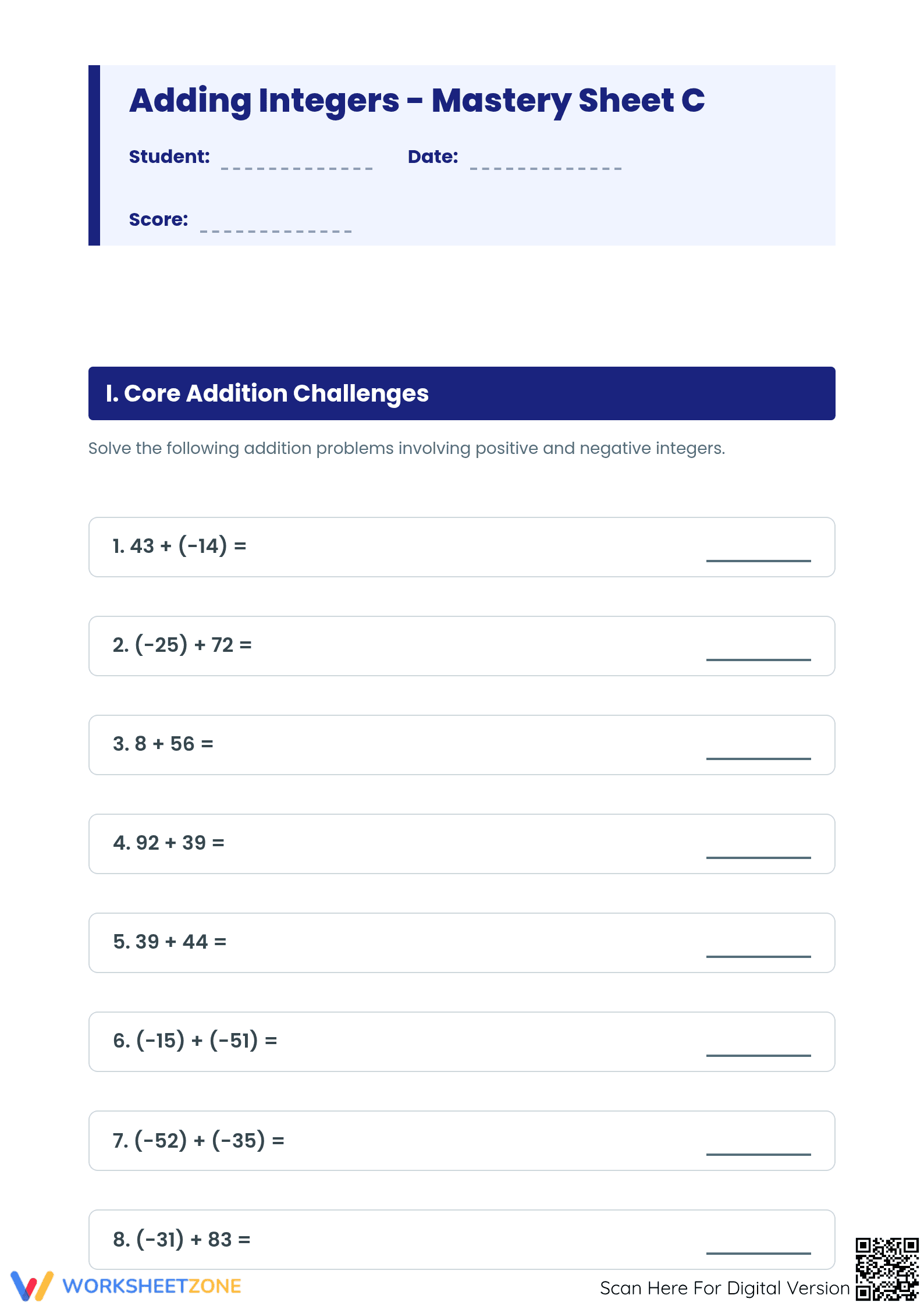Adding Integers Worksheet (3 Levels) | Grade 7 Ready - Page 1